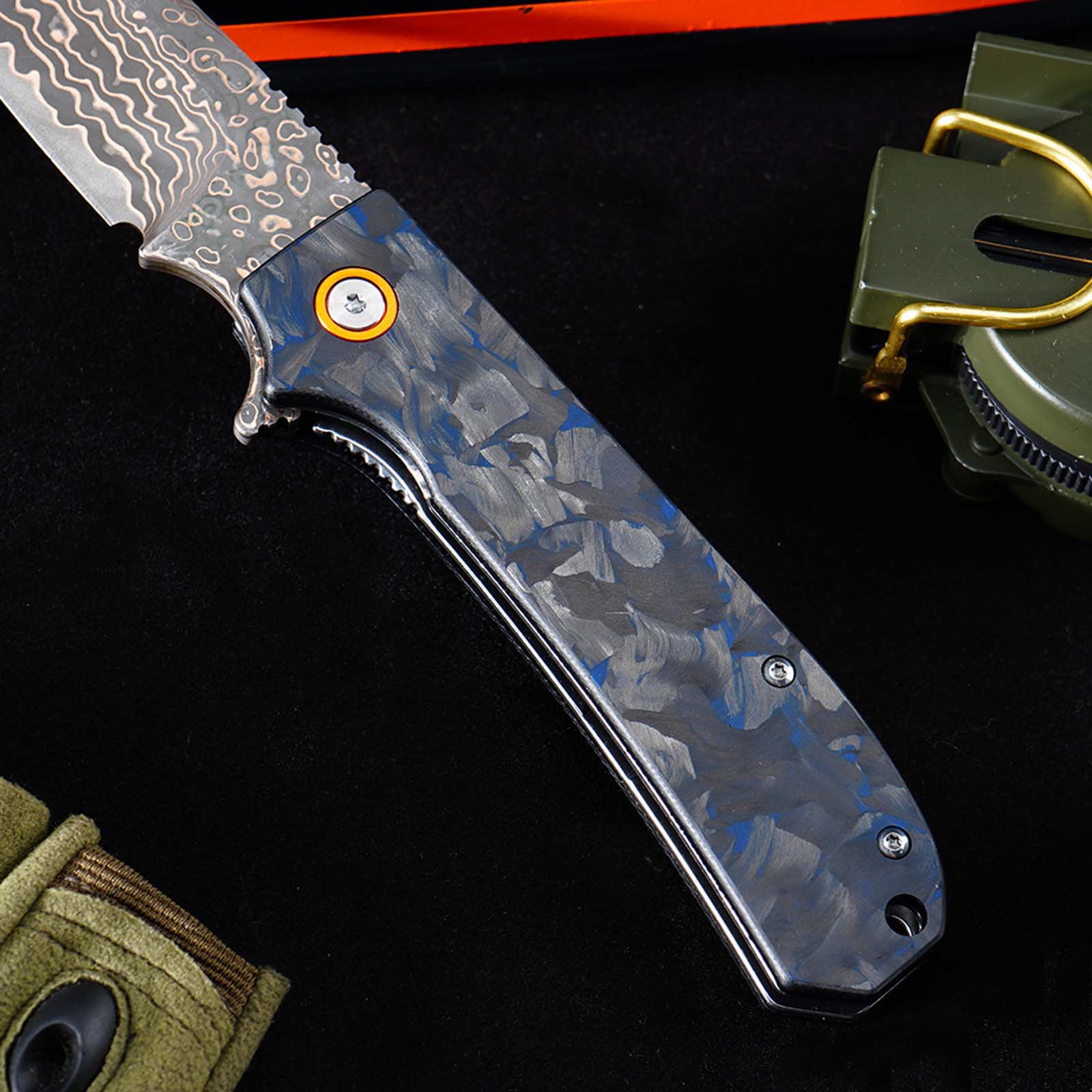 Tunafire Knife Pocket Folding Knife GT-DM044-2 | Copper Damascus Blade with VG10 Core | Blue Carbon Fiber Grip Ball Bearing EDC Outdoor Cutting Tool