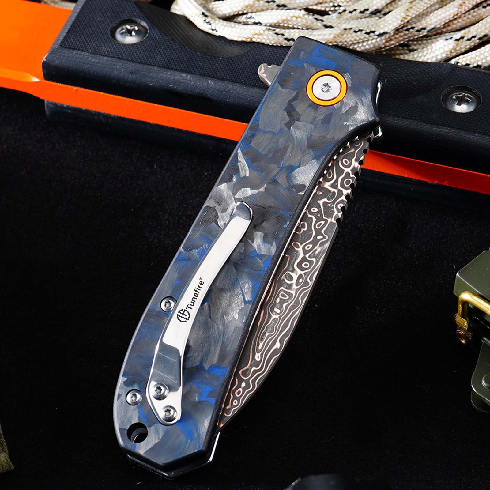 Tunafire Knife Pocket Folding Knife GT-DM044-2 | Copper Damascus Blade with VG10 Core | Blue Carbon Fiber Grip Ball Bearing EDC Outdoor Cutting Tool