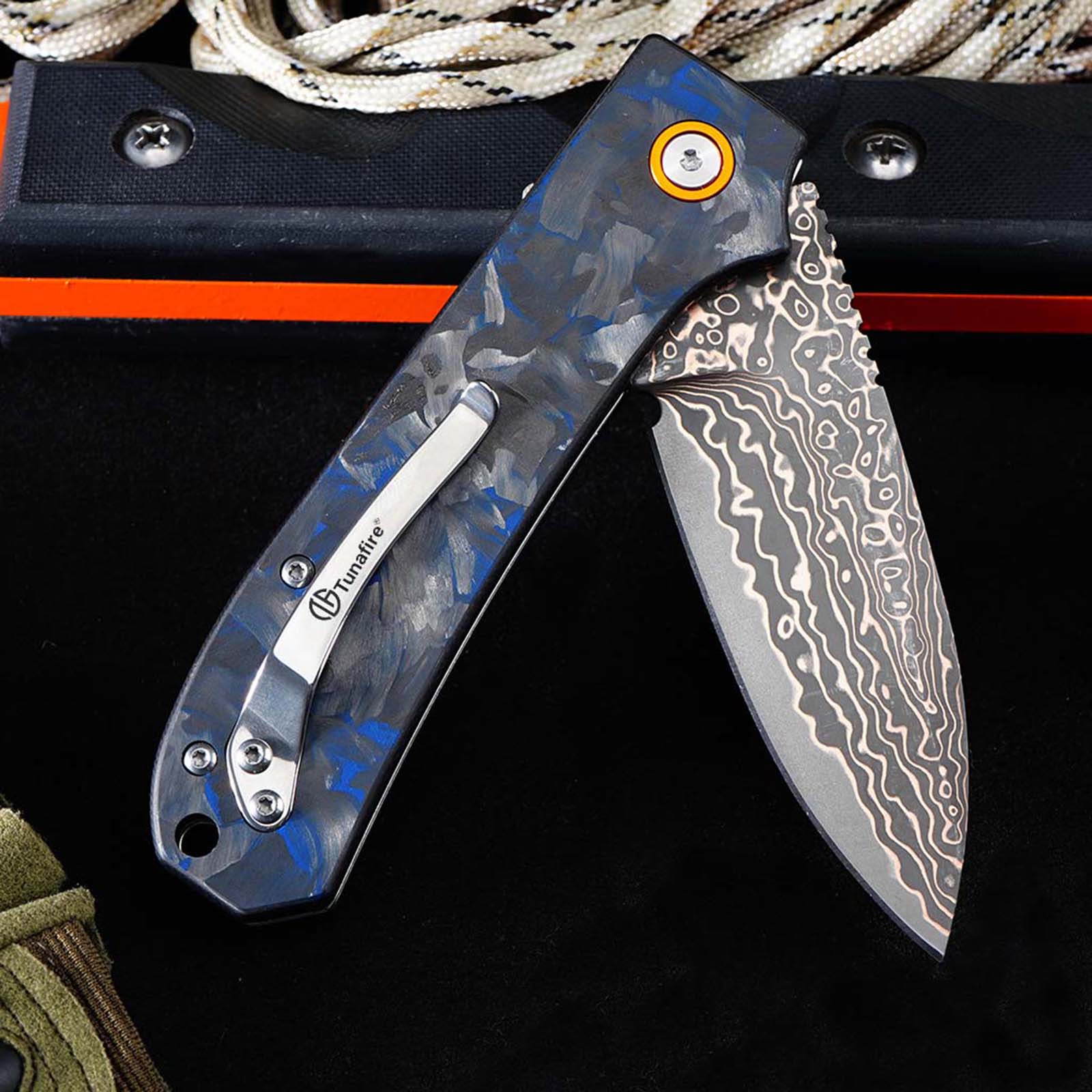 Tunafire Knife Pocket Folding Knife GT-DM044-2 | Copper Damascus Blade with VG10 Core | Blue Carbon Fiber Grip Ball Bearing EDC Outdoor Cutting Tool