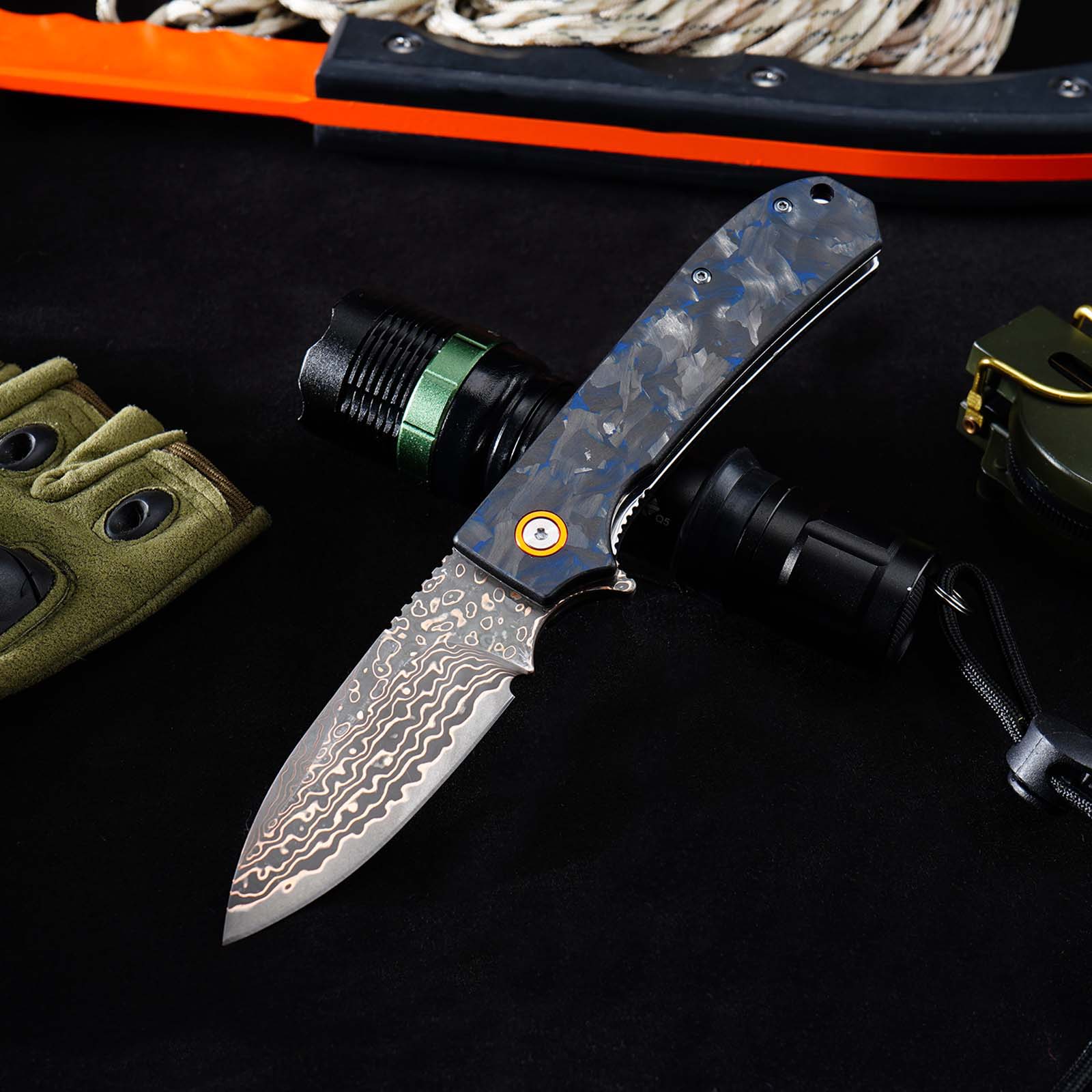 Tunafire Knife Pocket Folding Knife GT-DM044-2 | Copper Damascus Blade with VG10 Core | Blue Carbon Fiber Grip Ball Bearing EDC Outdoor Cutting Tool