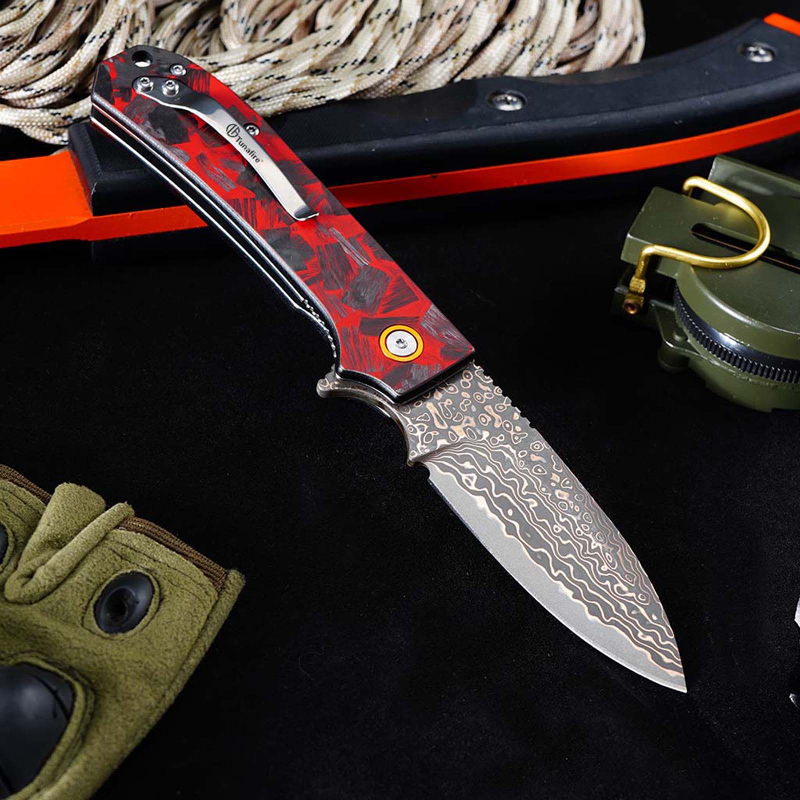 Tunafire Knife GT-DM044-2 VG10 Core Copper Damascus Folding Knife Red Carbon Fiber Handle 58-59HRC Ball Bearing EDC Pocket Knife