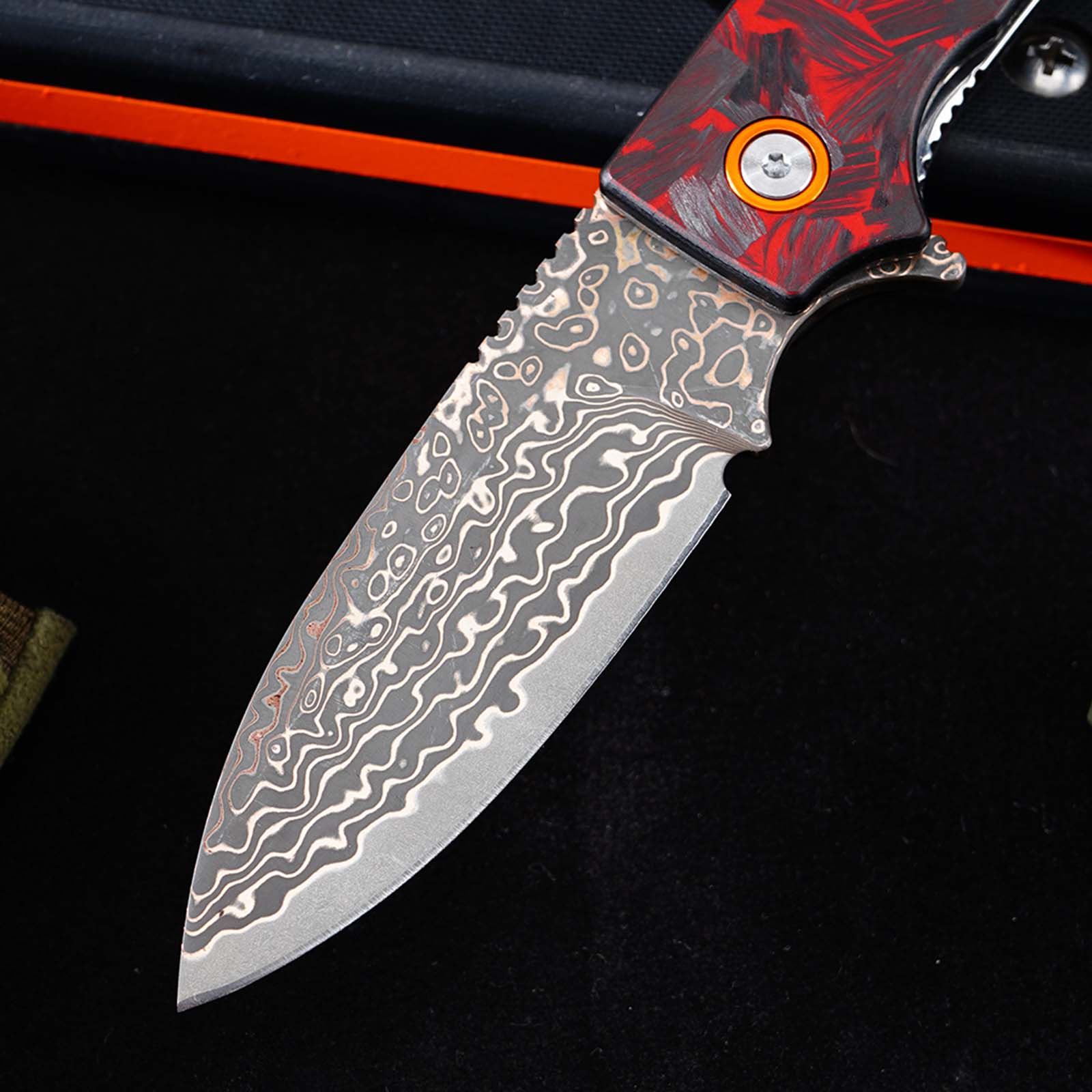Tunafire Knife GT-DM044-2 VG10 Core Copper Damascus Folding Knife Red Carbon Fiber Handle 58-59HRC Ball Bearing EDC Pocket Knife