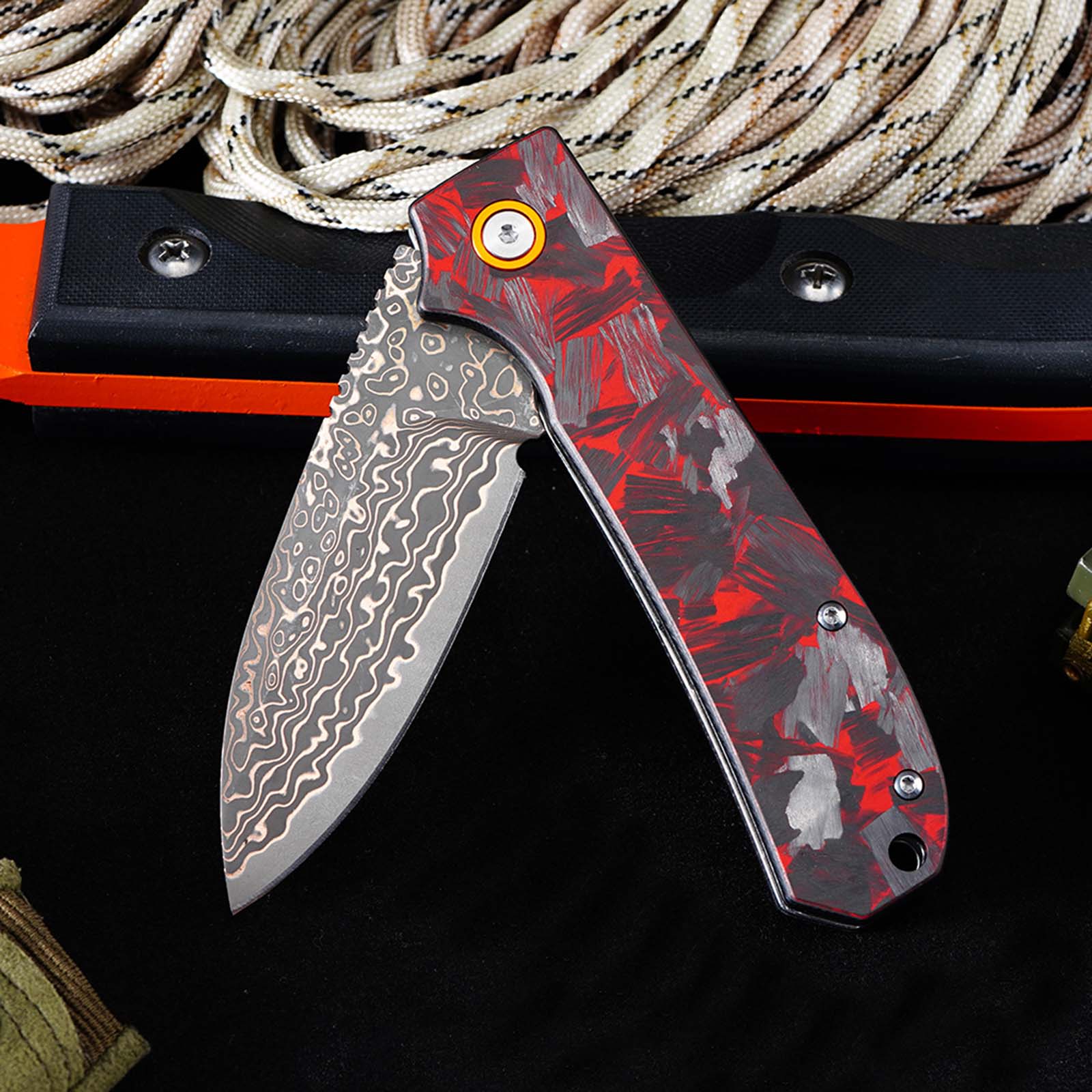 Tunafire Knife GT-DM044-2 VG10 Core Copper Damascus Folding Knife Red Carbon Fiber Handle 58-59HRC Ball Bearing EDC Pocket Knife