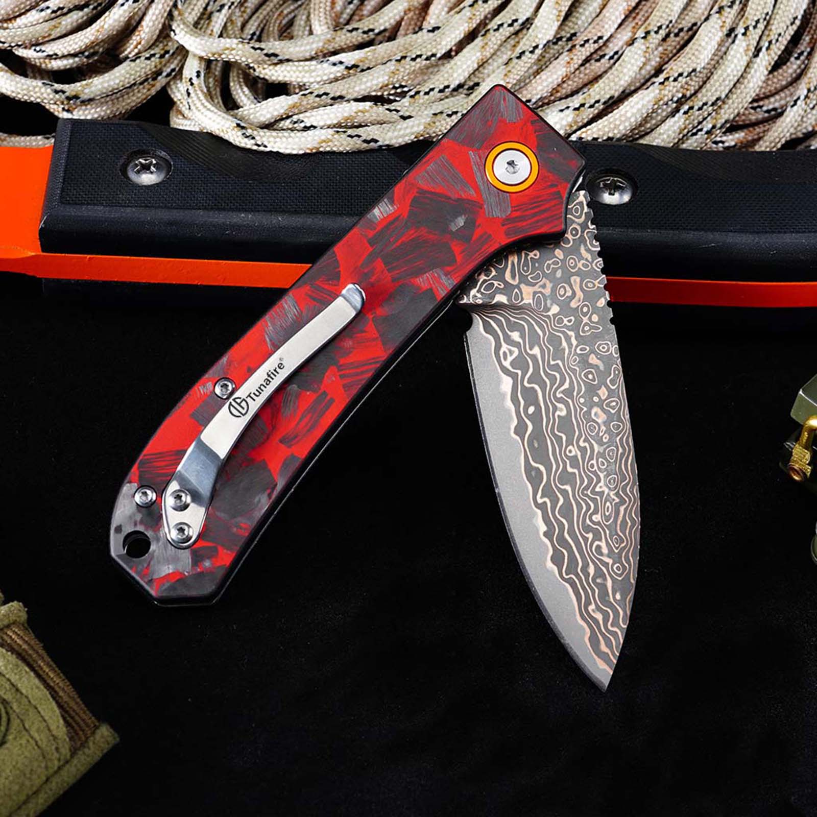 Tunafire Knife GT-DM044-2 VG10 Core Copper Damascus Folding Knife Red Carbon Fiber Handle 58-59HRC Ball Bearing EDC Pocket Knife