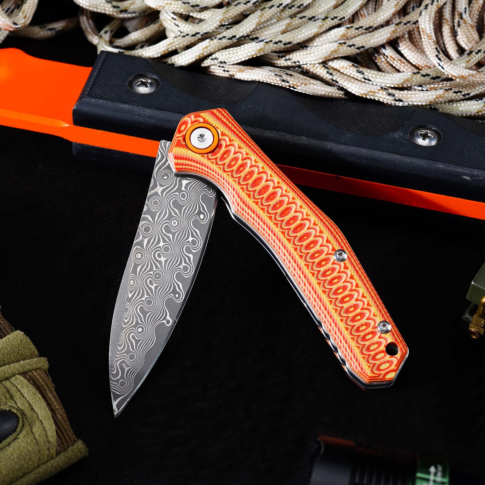 Tunafire Knives GT-DM055 Damascus Steel Folding Knife, Ball Bearing Color G10 Handle EDC Pocket Knife