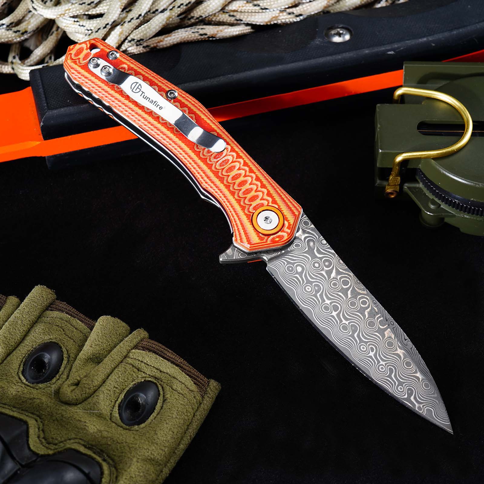 Tunafire Knives GT-DM055 Damascus Steel Folding Knife, Ball Bearing Color G10 Handle EDC Pocket Knife