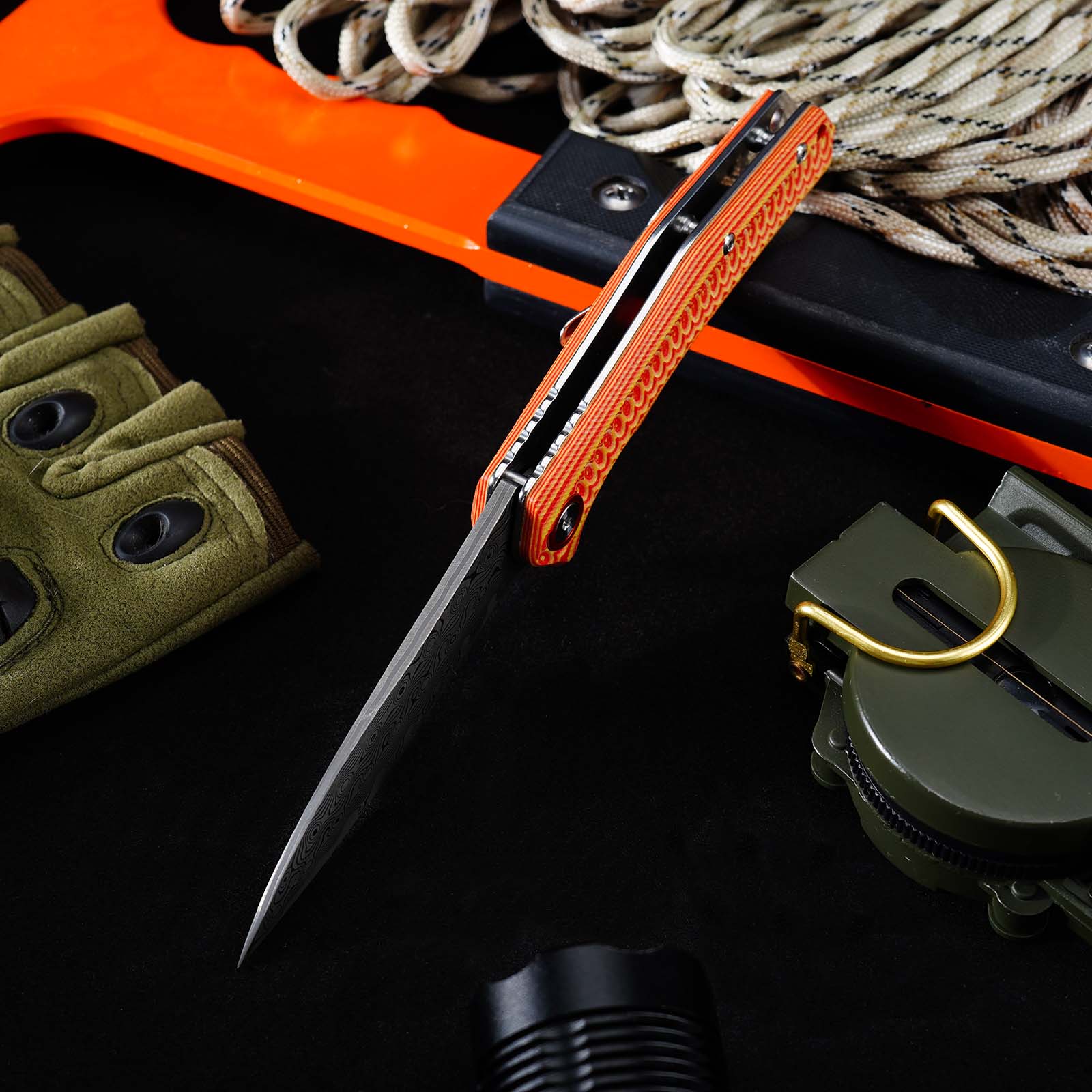 Tunafire Knives GT-DM055 Damascus Steel Folding Knife, Ball Bearing Color G10 Handle EDC Pocket Knife