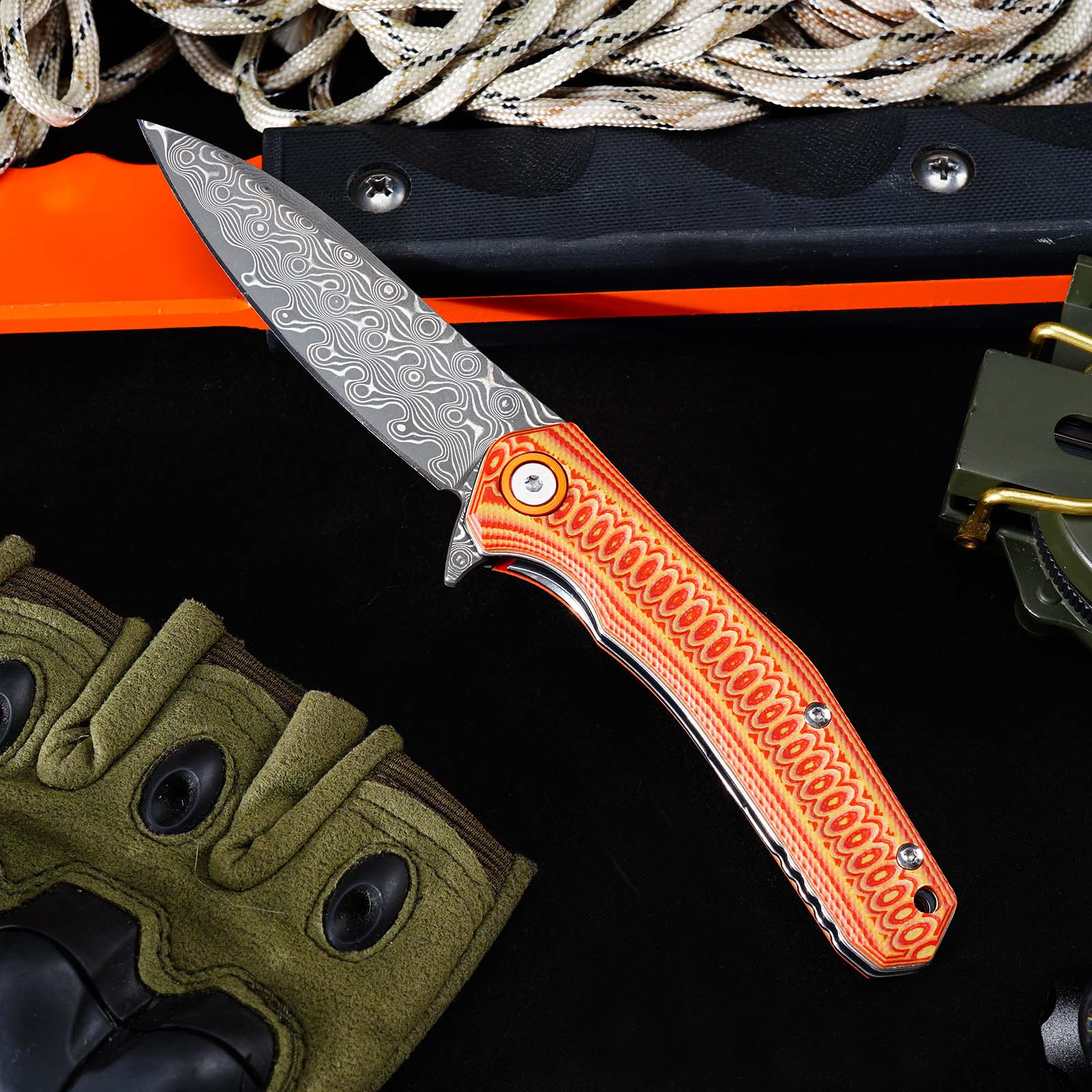 Tunafire Knives GT-DM055 Damascus Steel Folding Knife, Ball Bearing Color G10 Handle EDC Pocket Knife