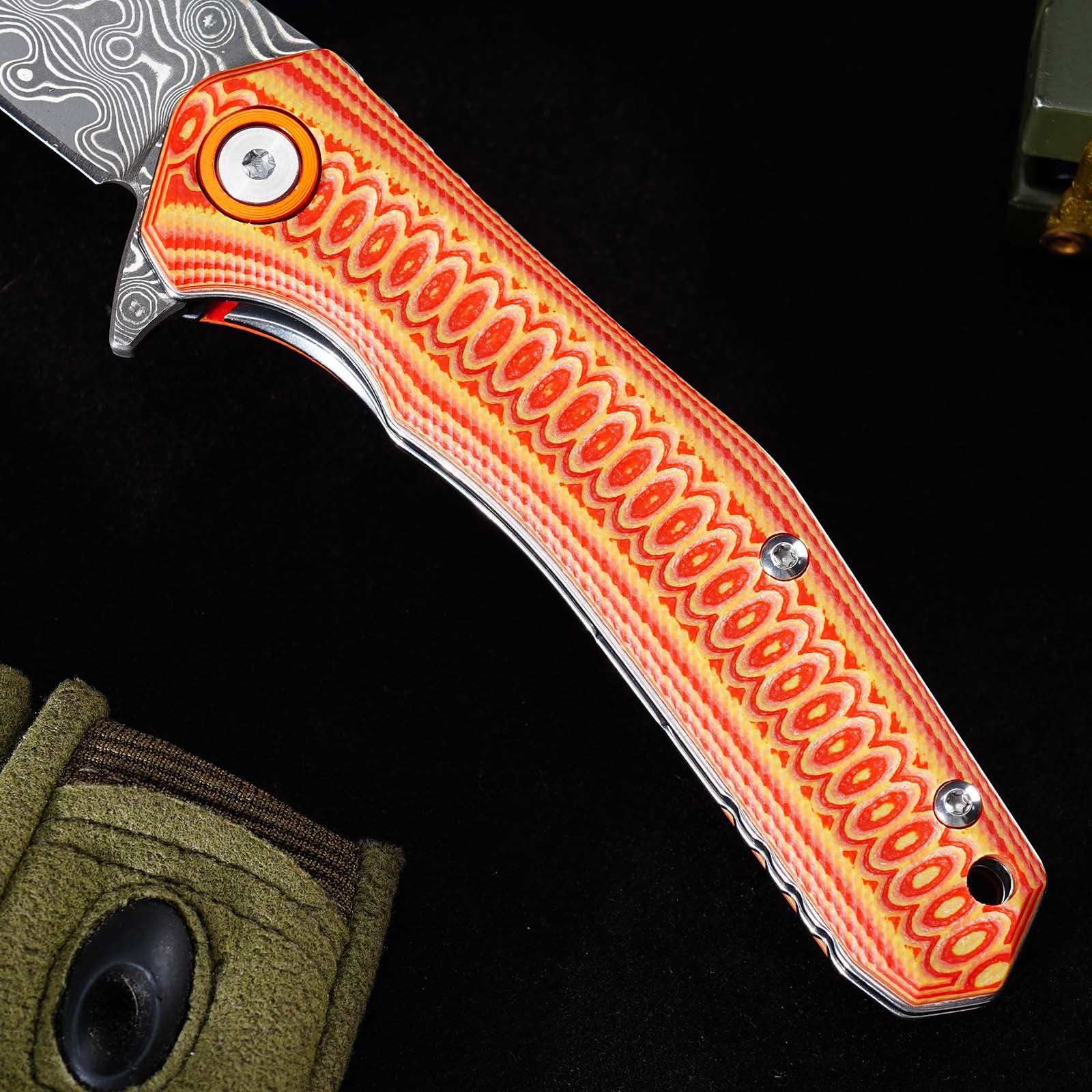Tunafire Knives GT-DM055 Damascus Steel Folding Knife, Ball Bearing Color G10 Handle EDC Pocket Knife