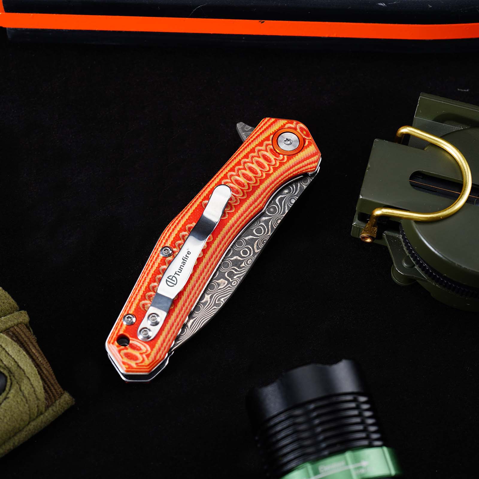 Tunafire Knives GT-DM055 Damascus Steel Folding Knife, Ball Bearing Color G10 Handle EDC Pocket Knife
