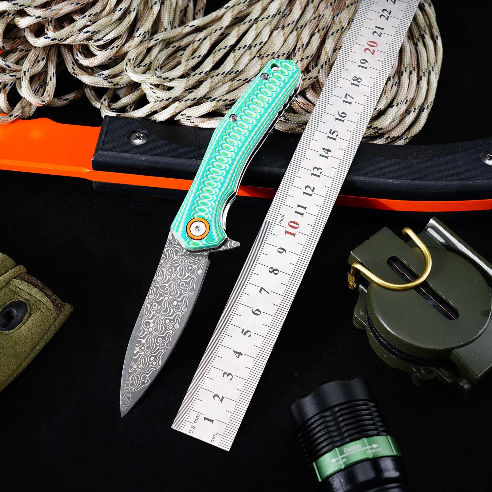 Tunafire Knives Damascus Steel Blade G10 Handle Ball Bearing Flipper Knife Outdoor Hiking Camping Knife GT-DM055