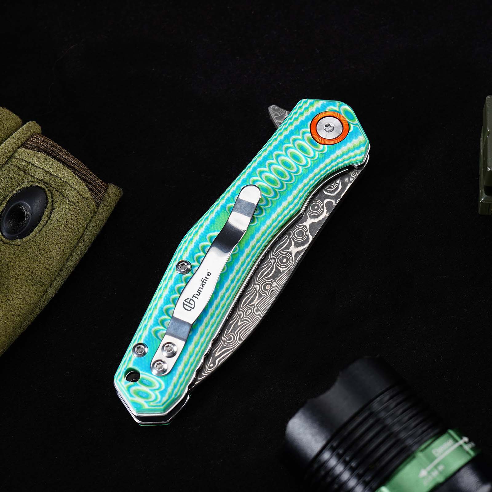 Tunafire Knives Damascus Steel Blade G10 Handle Ball Bearing Flipper Knife Outdoor Hiking Camping Knife GT-DM055