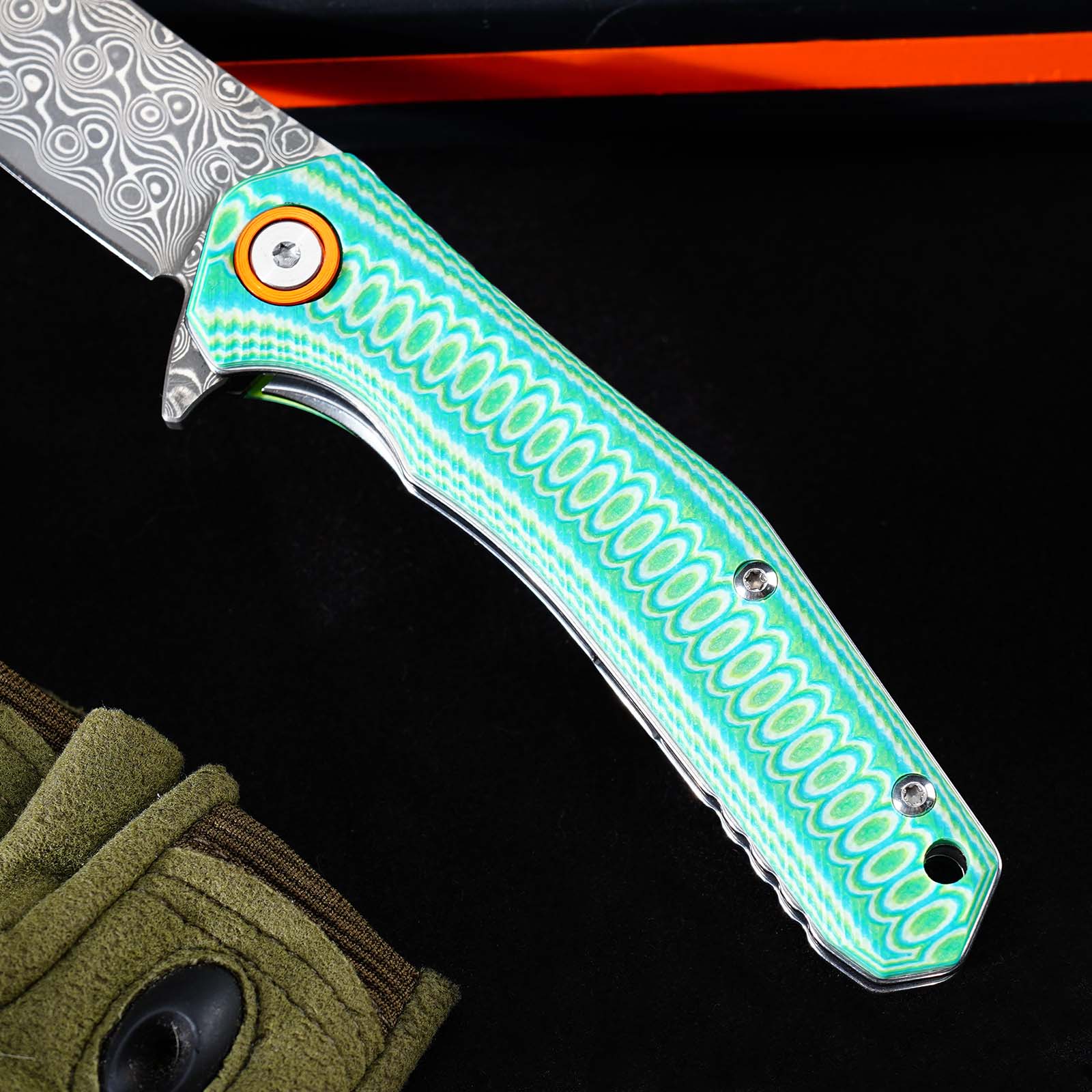 Tunafire Knives Damascus Steel Blade G10 Handle Ball Bearing Flipper Knife Outdoor Hiking Camping Knife GT-DM055