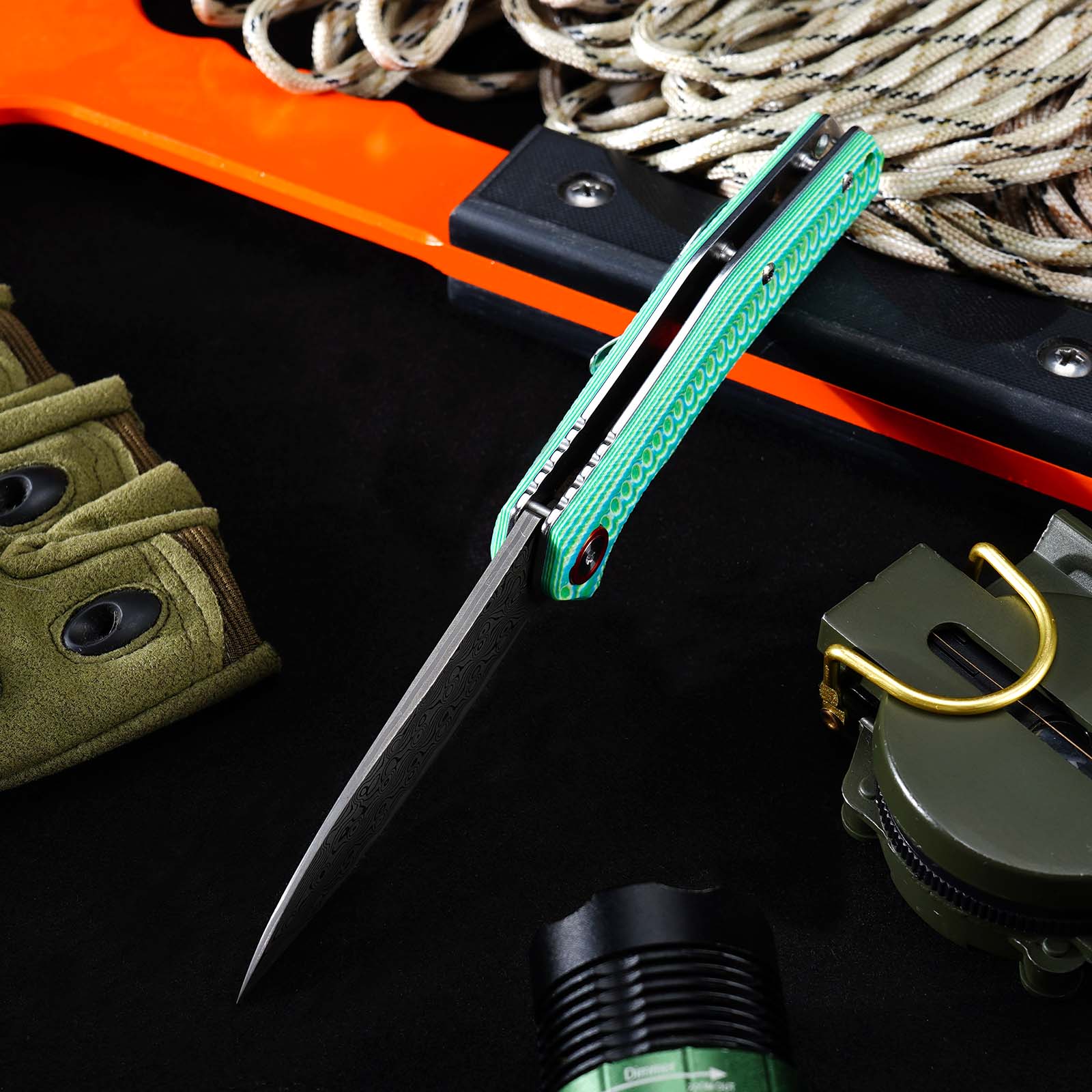 Tunafire Knives Damascus Steel Blade G10 Handle Ball Bearing Flipper Knife Outdoor Hiking Camping Knife GT-DM055