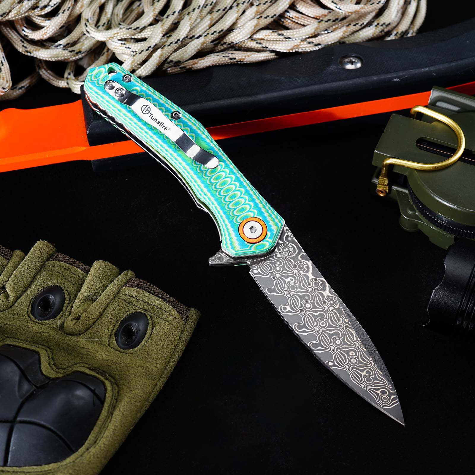 Tunafire Knives Damascus Steel Blade G10 Handle Ball Bearing Flipper Knife Outdoor Hiking Camping Knife GT-DM055