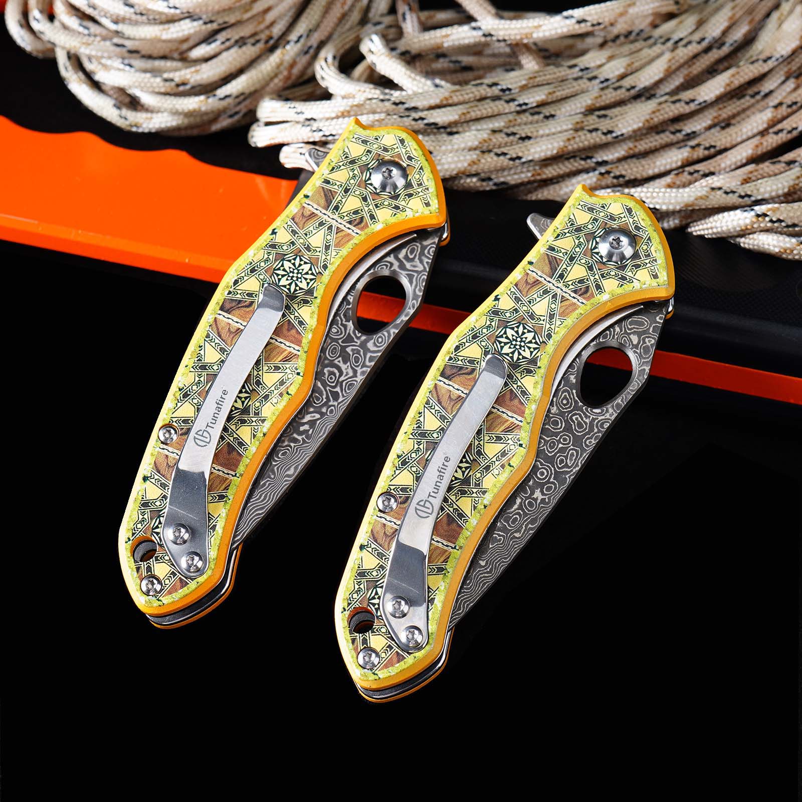 Tunafire Knives GT-DM034 Flipper Folding Knife 3.11" Damascus Steel blade 3D printed aluminum handle Camping Hiking Knife