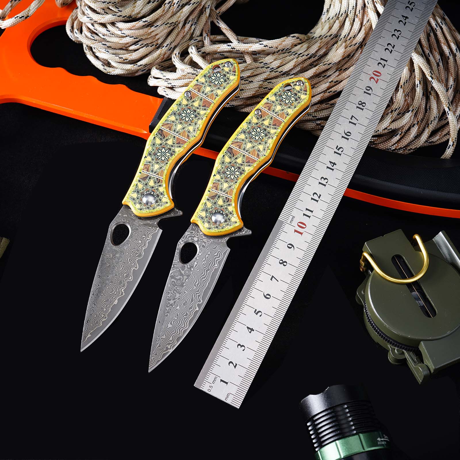 Tunafire Knives GT-DM034 Flipper Folding Knife 3.11" Damascus Steel blade 3D printed aluminum handle Camping Hiking Knife