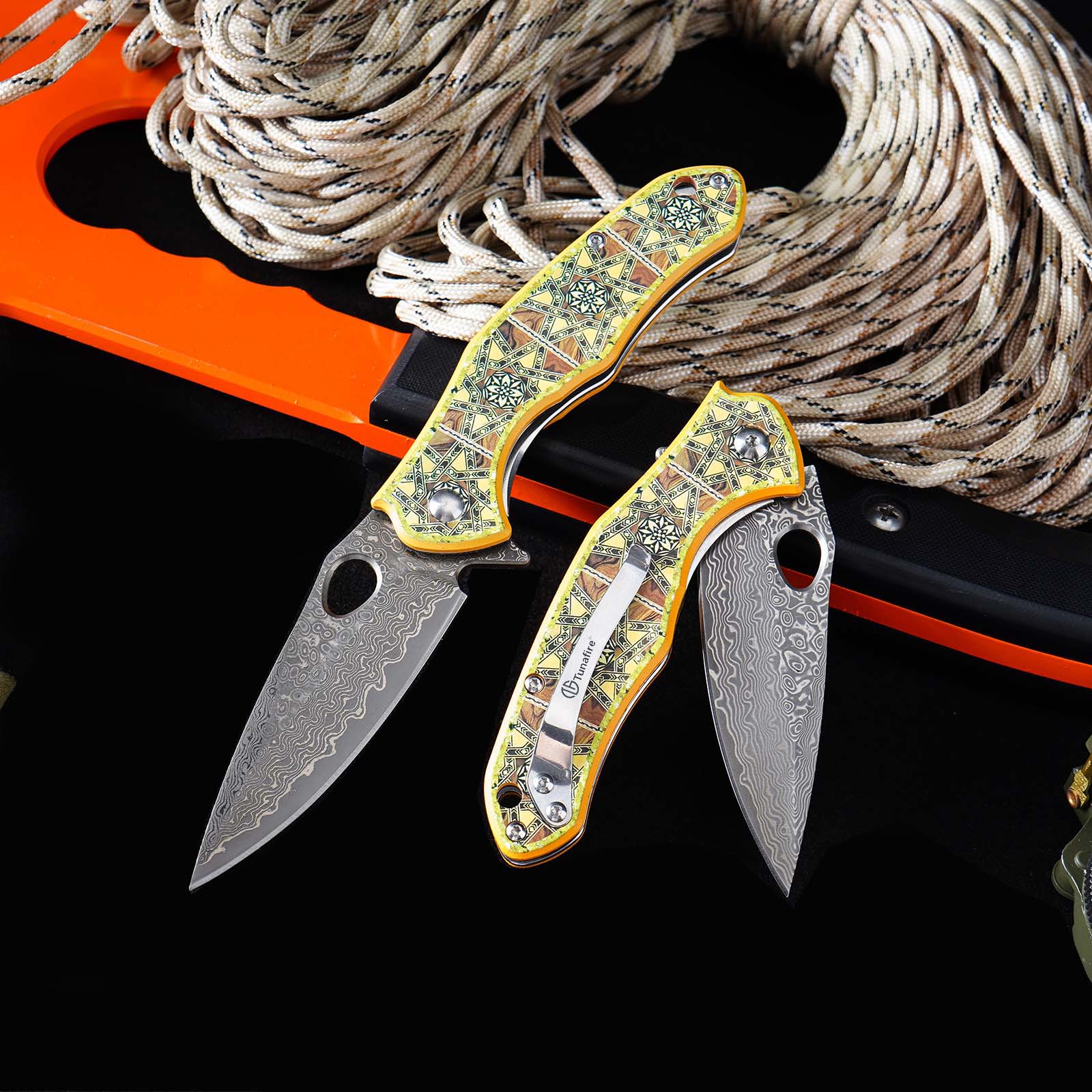 Tunafire Knives GT-DM034 Flipper Folding Knife 3.11" Damascus Steel blade 3D printed aluminum handle Camping Hiking Knife