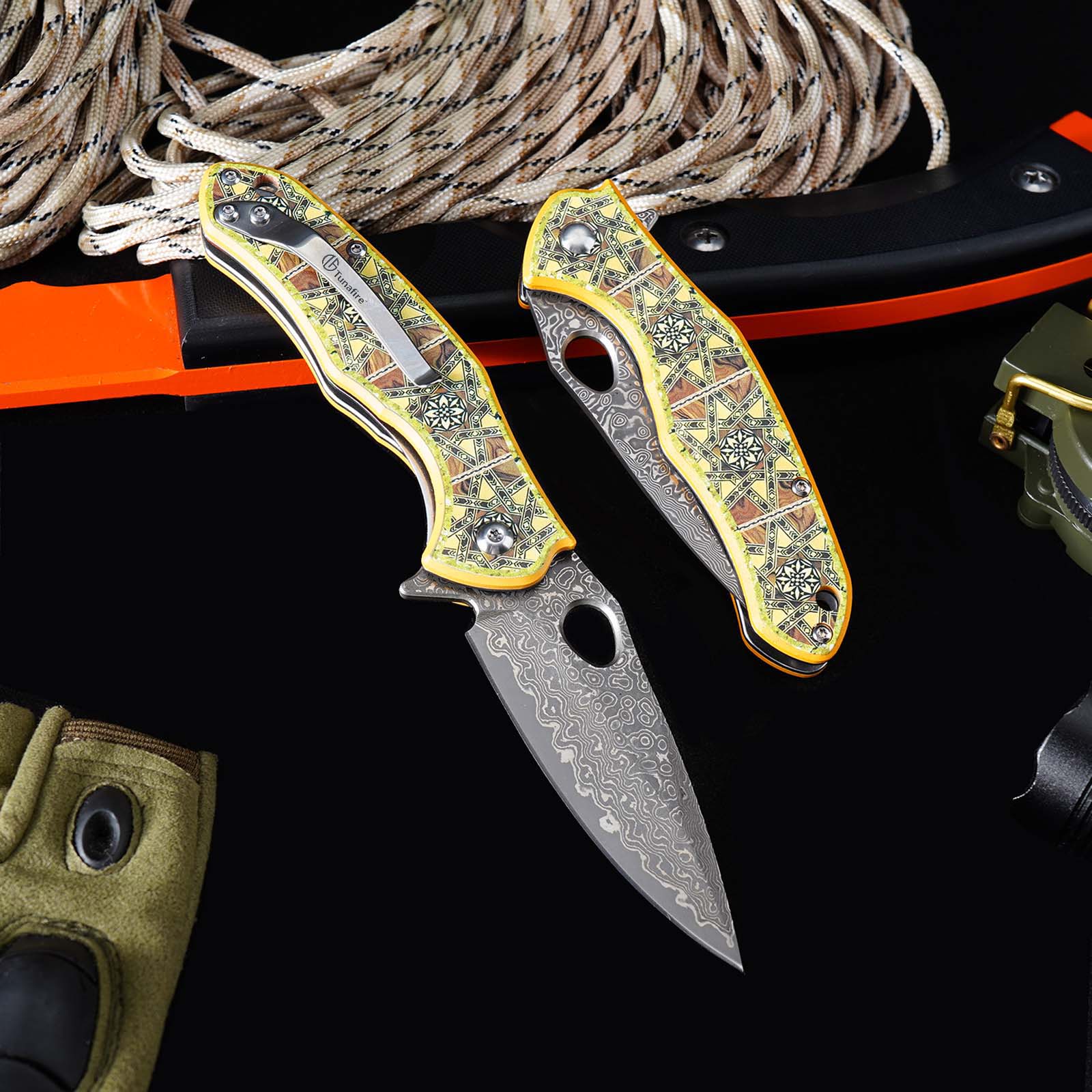 Tunafire Knives GT-DM034 Flipper Folding Knife 3.11" Damascus Steel blade 3D printed aluminum handle Camping Hiking Knife