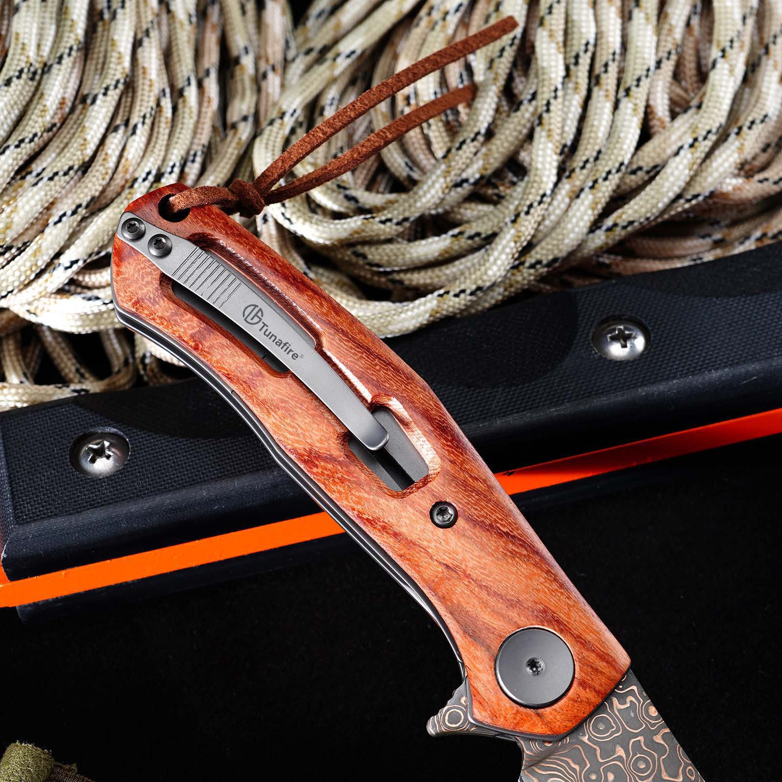Tunafire GT‑K4020‑3 Folding Knife, Brass Damascus VG10 Steel Core, Yellow Sandalwood Handle, Ball Bearing EDC Pocket Knife