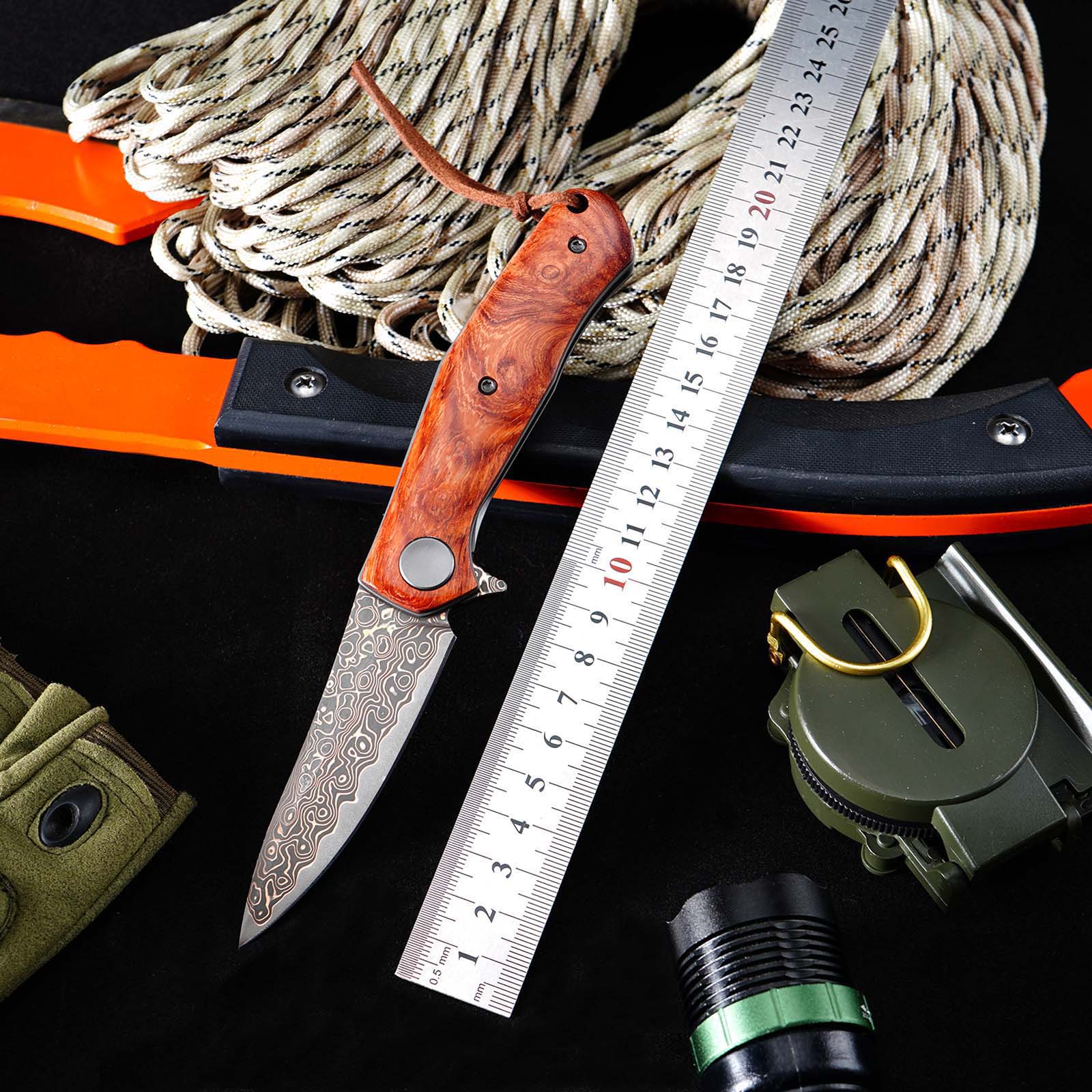 Tunafire GT‑K4020‑3 Folding Knife, Brass Damascus VG10 Steel Core, Yellow Sandalwood Handle, Ball Bearing EDC Pocket Knife