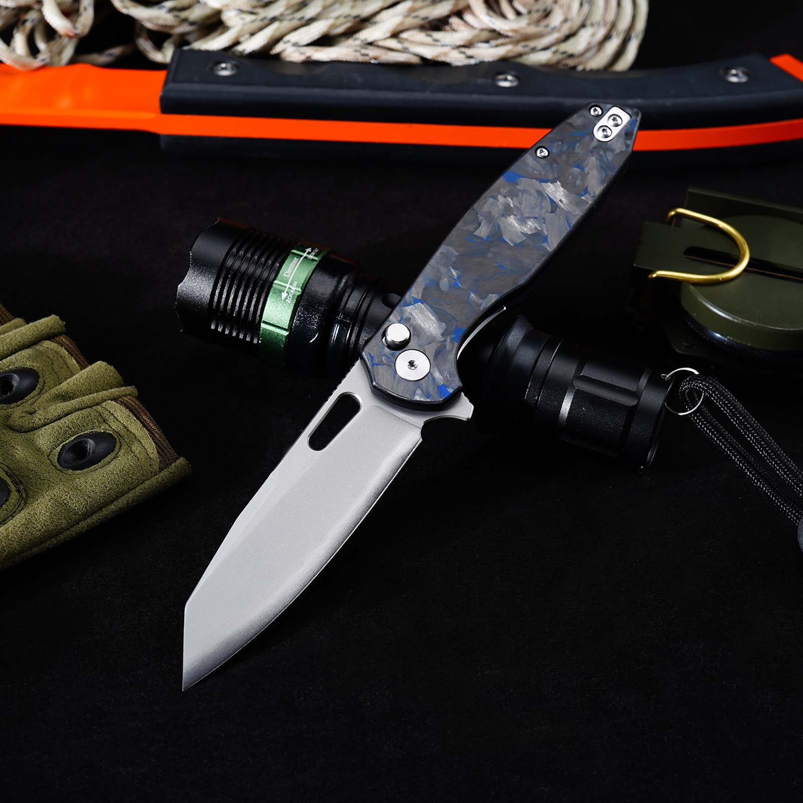 Tunafire GT-T0044-6 Knife 60HRC High Hardness Triple Steel Folding Knife Blue Carbon Fiber Button Lock EDC Knife