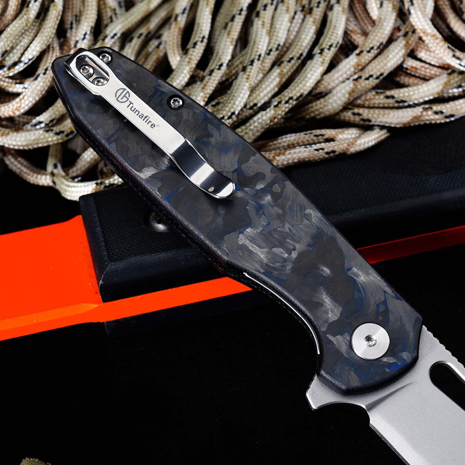 Tunafire GT-T0044-6 Knife 60HRC High Hardness Triple Steel Folding Knife Blue Carbon Fiber Button Lock EDC Knife