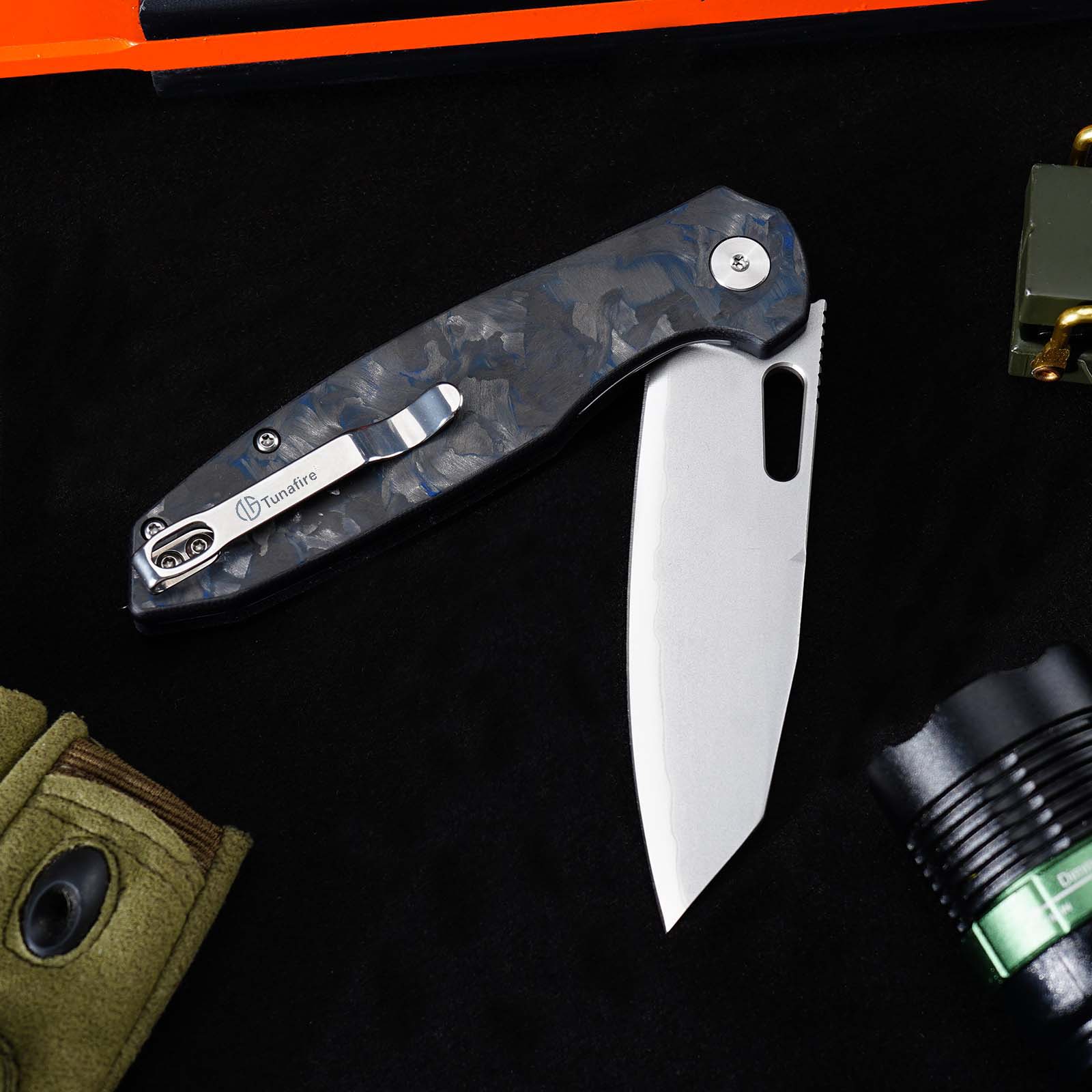 Tunafire GT-T0044-6 Knife 60HRC High Hardness Triple Steel Folding Knife Blue Carbon Fiber Button Lock EDC Knife