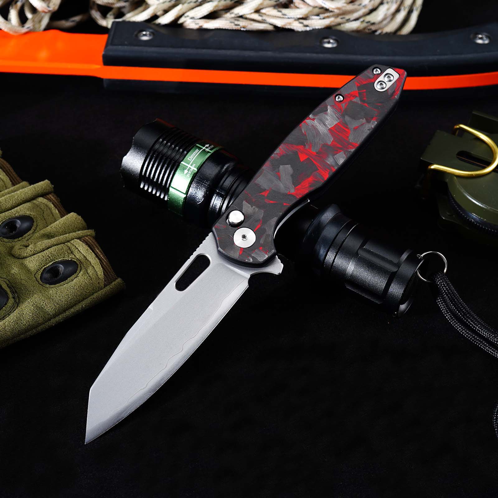 Tunafire GT-T0044-6 Button Lock Folding Knife 60HRC Triple steel Blade Red Carbon fiber Handle EDC Tools