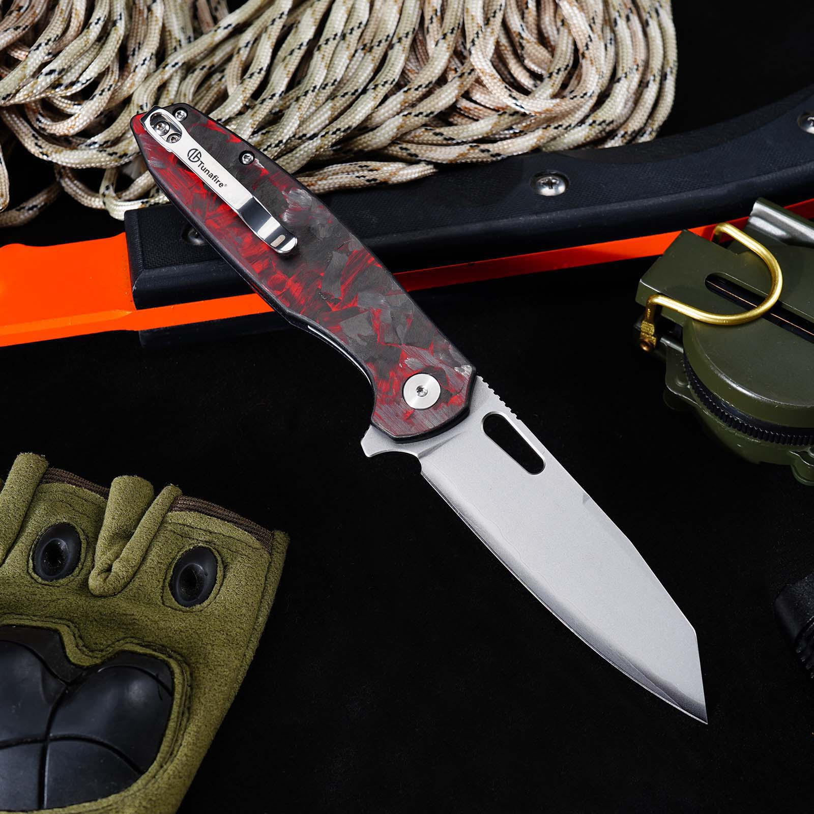 Tunafire GT-T0044-6 Button Lock Folding Knife 60HRC Triple steel Blade Red Carbon fiber Handle EDC Tools
