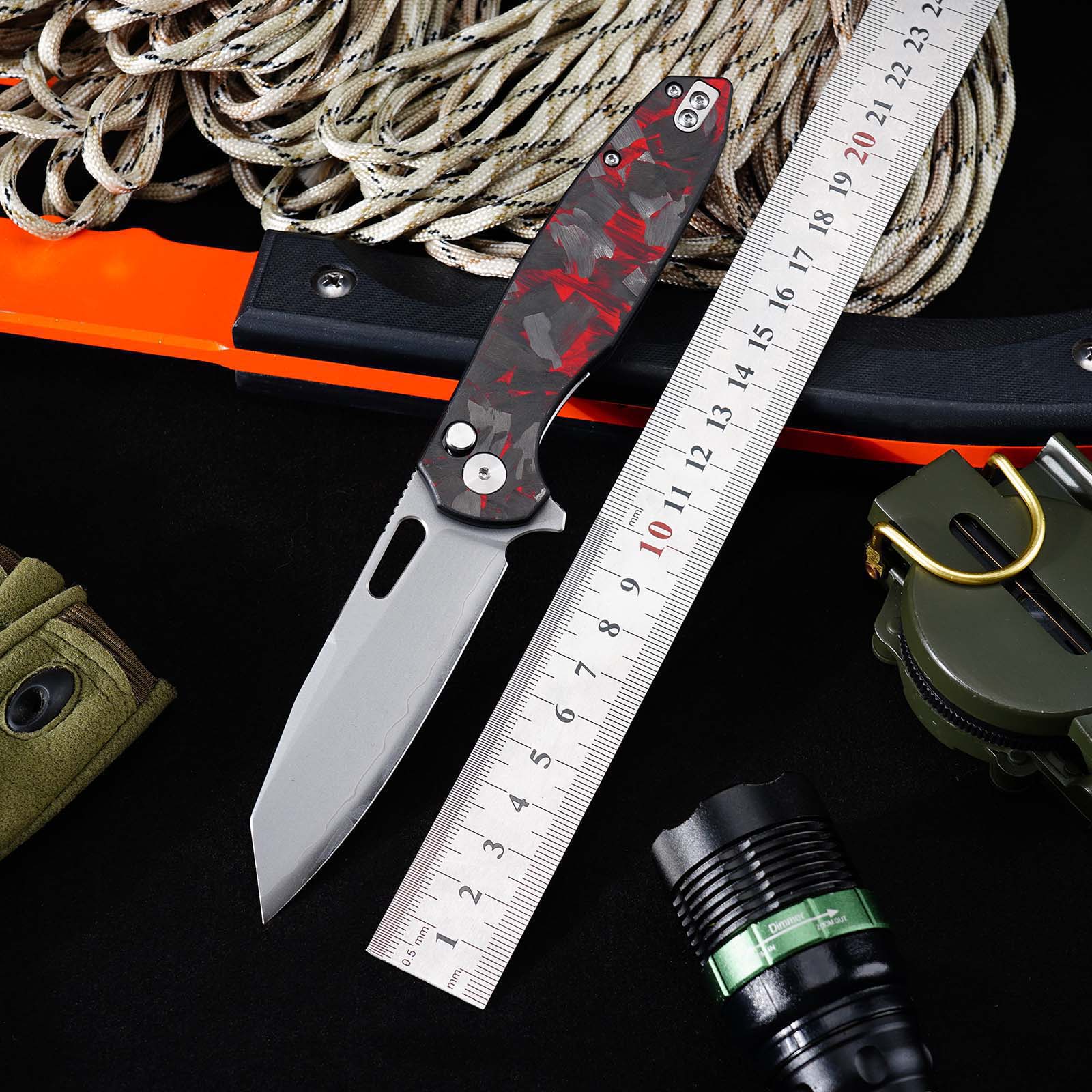 Tunafire GT-T0044-6 Button Lock Folding Knife 60HRC Triple steel Blade Red Carbon fiber Handle EDC Tools
