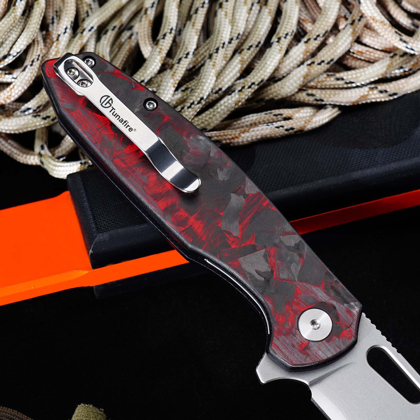 Tunafire GT-T0044-6 Button Lock Folding Knife 60HRC Triple steel Blade Red Carbon fiber Handle EDC Tools