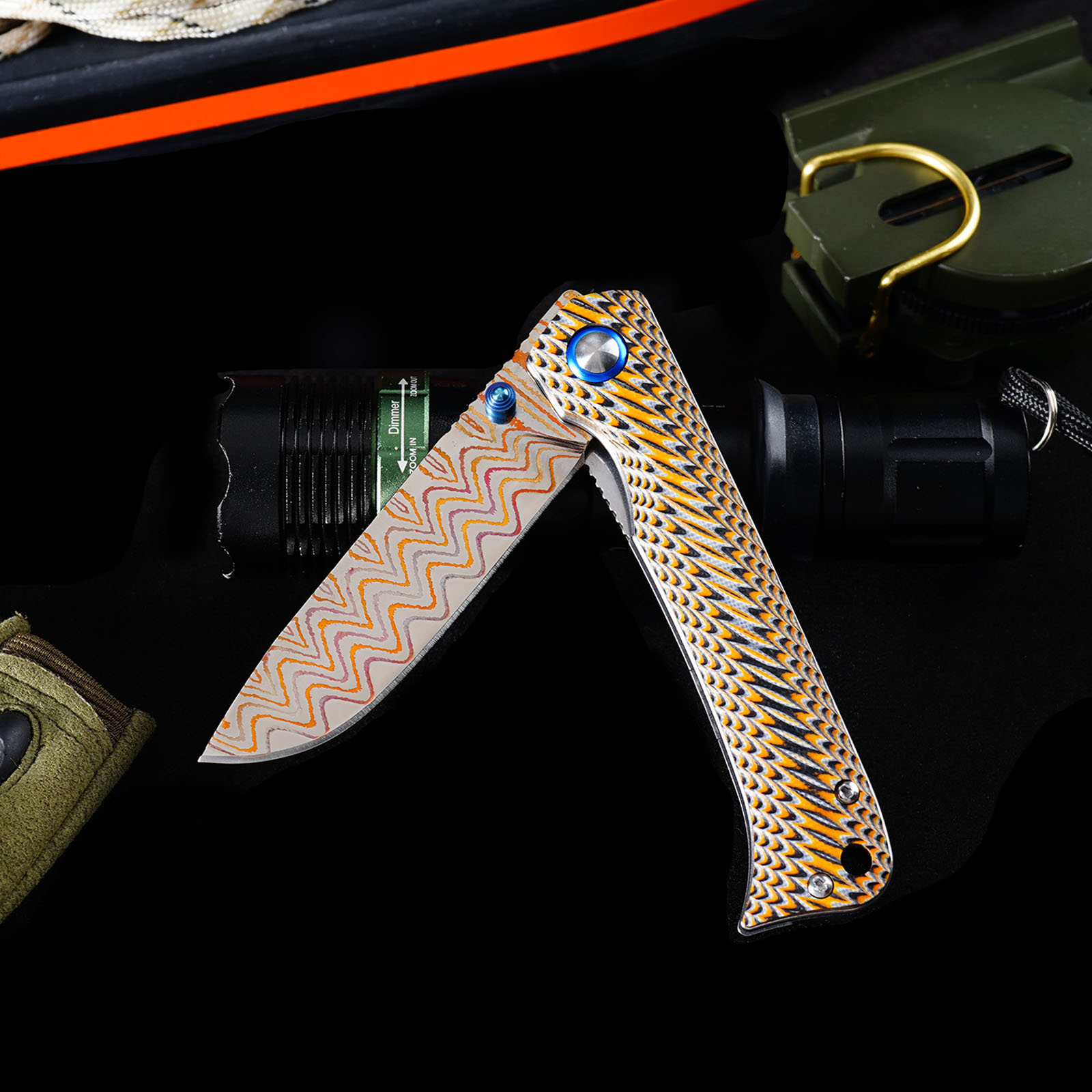 Tunafire GT-DM035-2 Copper Damascus VG10 Core Folding Knife | Colorful G10 Handle Ball Bearing Pocket Knife