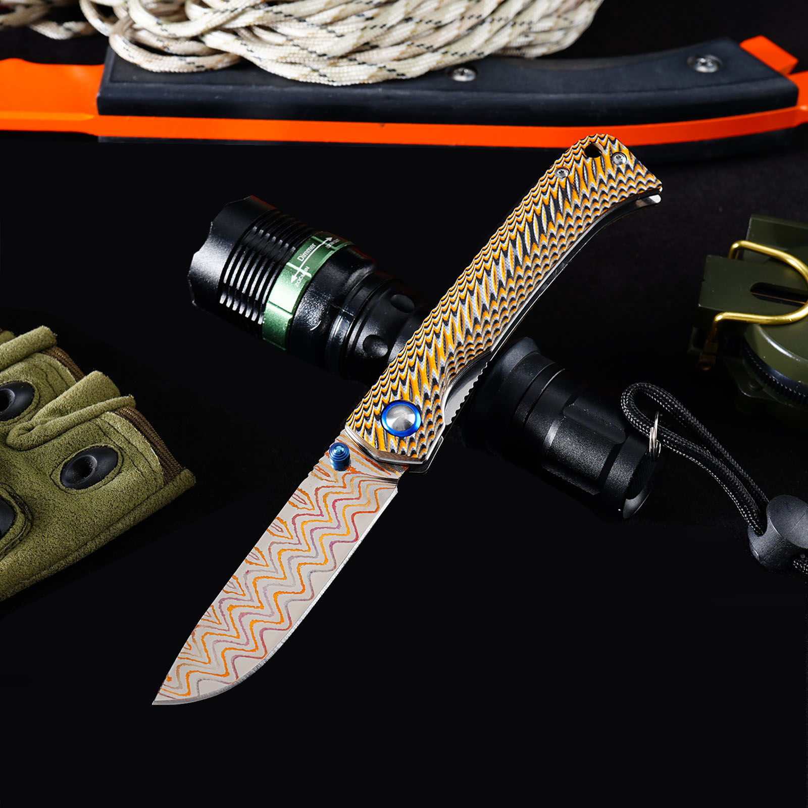Tunafire GT-DM035-2 Copper Damascus VG10 Core Folding Knife | Colorful G10 Handle Ball Bearing Pocket Knife