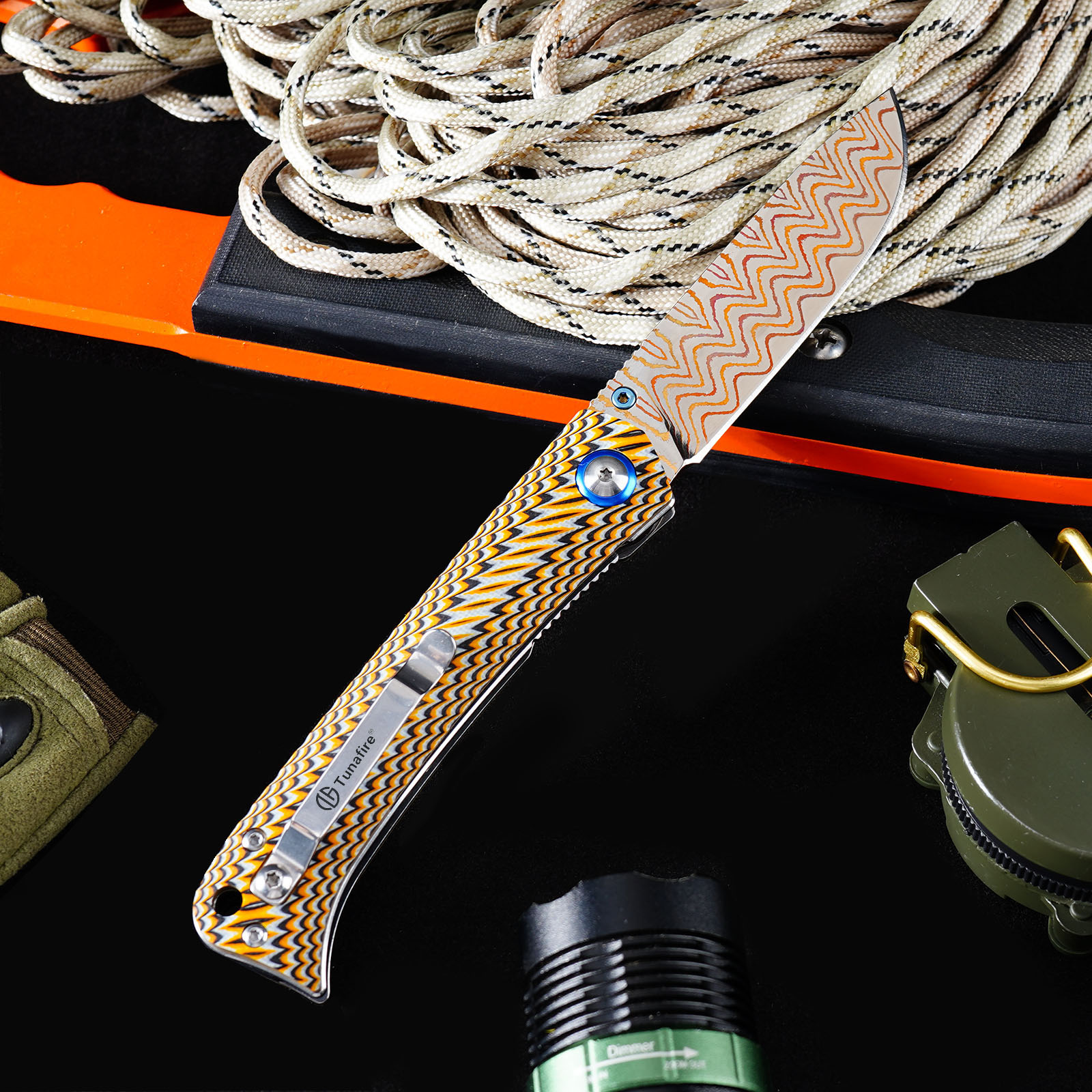 Tunafire GT-DM035-2 Copper Damascus VG10 Core Folding Knife | Colorful G10 Handle Ball Bearing Pocket Knife