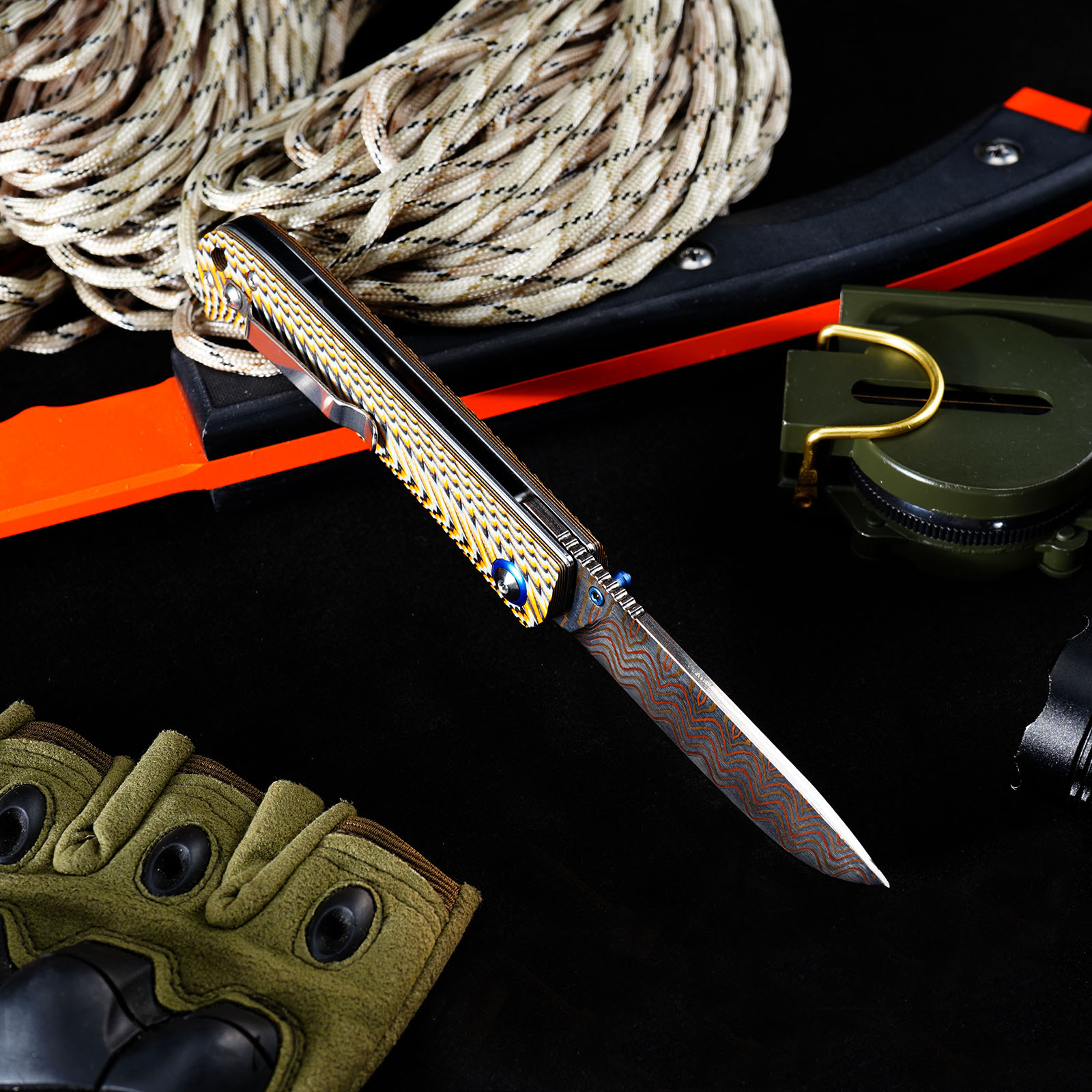 Tunafire GT-DM035-2 Copper Damascus VG10 Core Folding Knife | Colorful G10 Handle Ball Bearing Pocket Knife