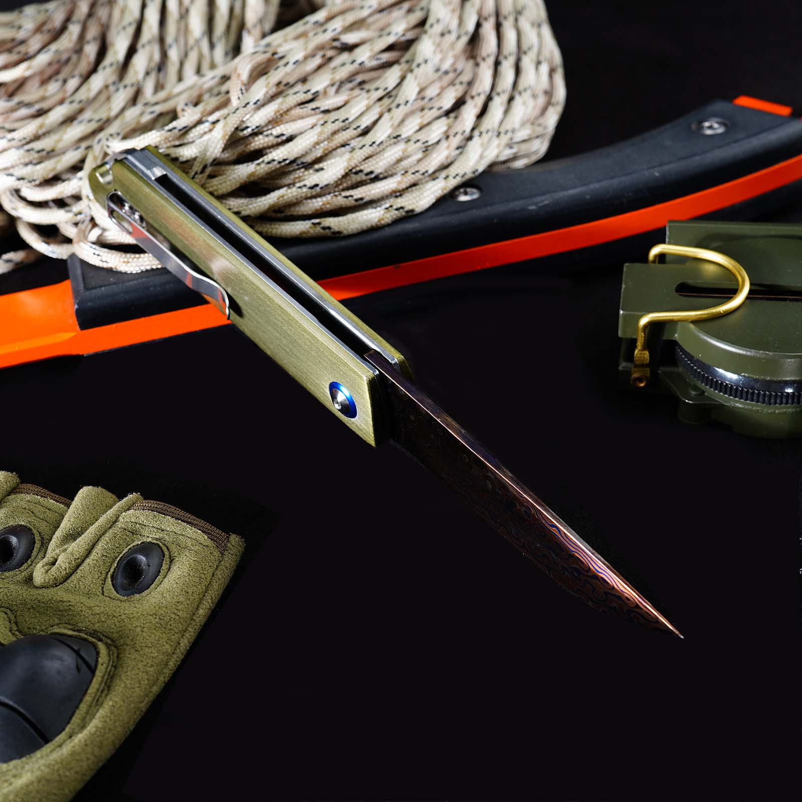 Tunafire GT-DM043 Blue Damascus Folding Knife Ball Bearing Aviation Aluminum Handle 59-60HRC EDC Pocket Knife