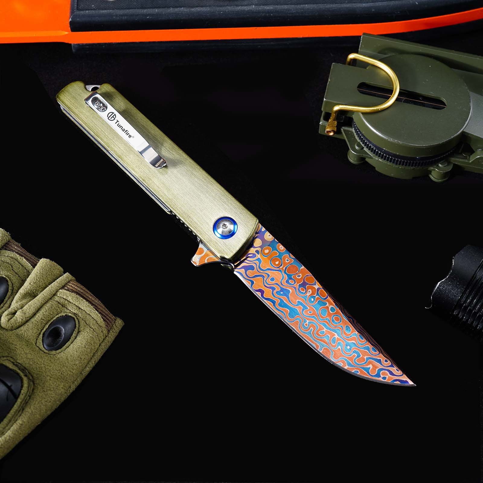 Tunafire GT-DM043 Blue Damascus Folding Knife Ball Bearing Aviation Aluminum Handle 59-60HRC EDC Pocket Knife