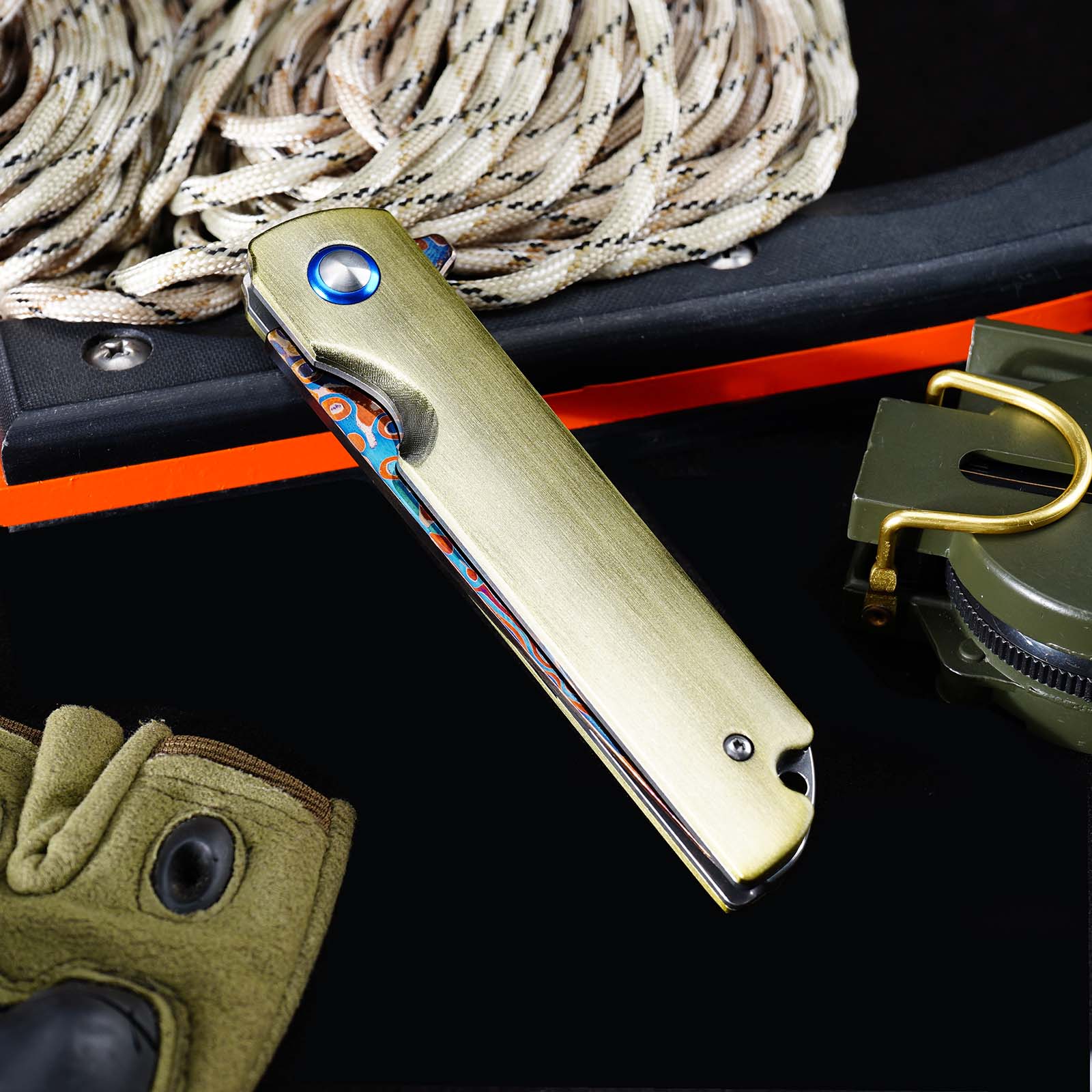 Tunafire GT-DM043 Blue Damascus Folding Knife Ball Bearing Aviation Aluminum Handle 59-60HRC EDC Pocket Knife