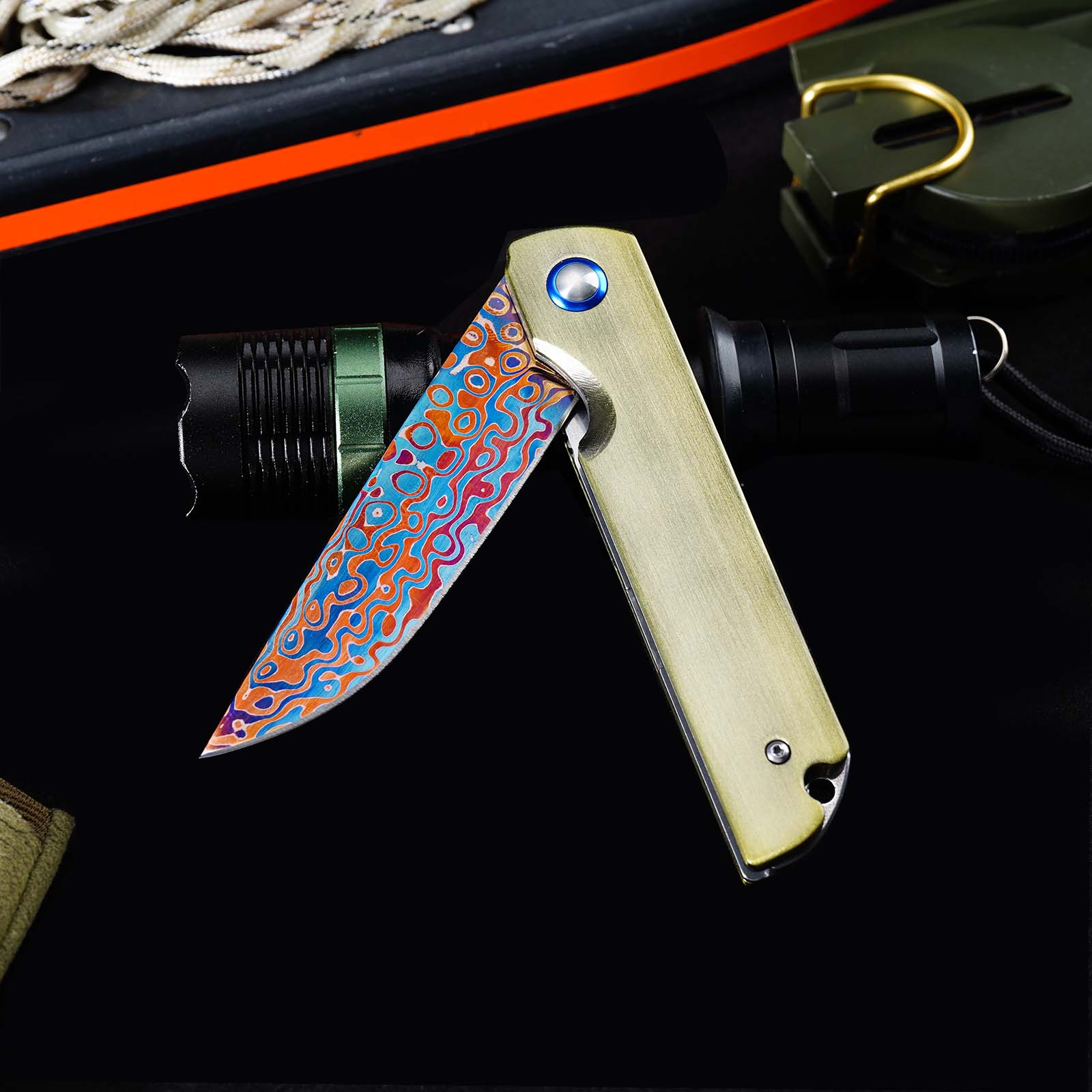 Tunafire GT-DM043 Blue Damascus Folding Knife Ball Bearing Aviation Aluminum Handle 59-60HRC EDC Pocket Knife