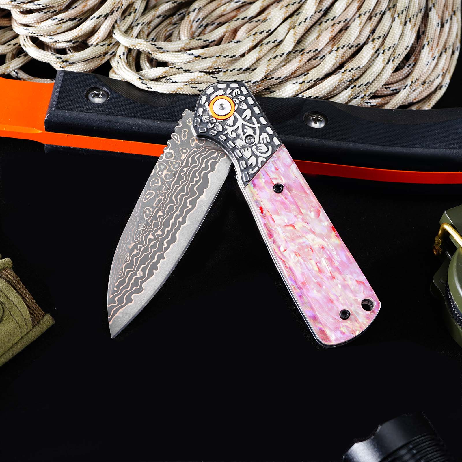 Tunafire Knife GT-DM049 Brass Damascus VG10 Core Pocket Knife Pastel Beads Handle Ball Bearing EDC Utility Knife Camping Knife Gift