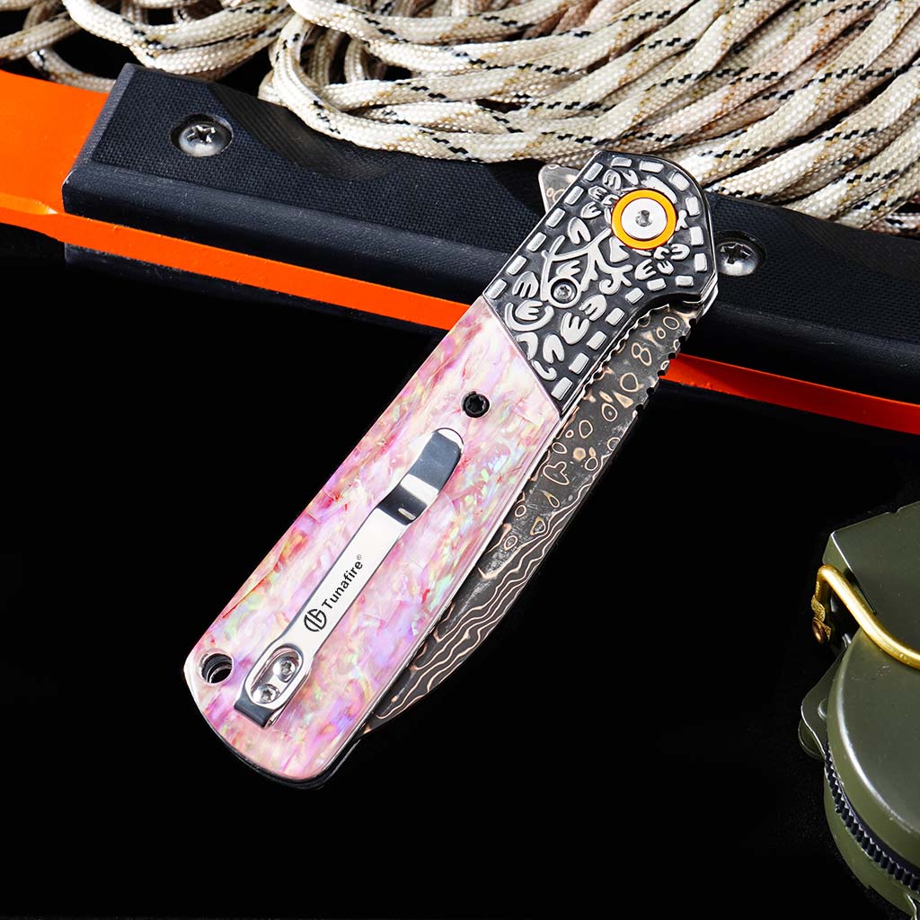 Tunafire Knife GT-DM049 Brass Damascus VG10 Core Pocket Knife Pastel Beads Handle Ball Bearing EDC Utility Knife Camping Knife Gift