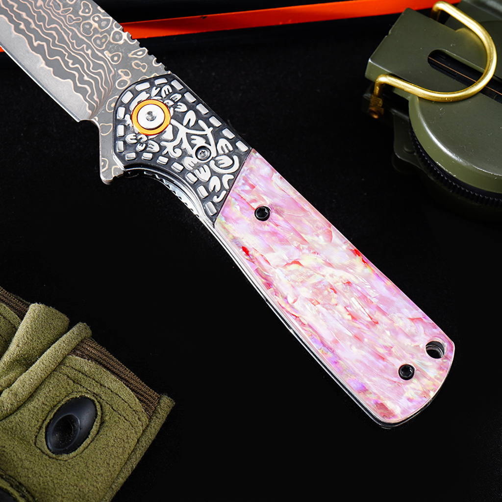 Tunafire Knife GT-DM049 Brass Damascus VG10 Core Pocket Knife Pastel Beads Handle Ball Bearing EDC Utility Knife Camping Knife Gift