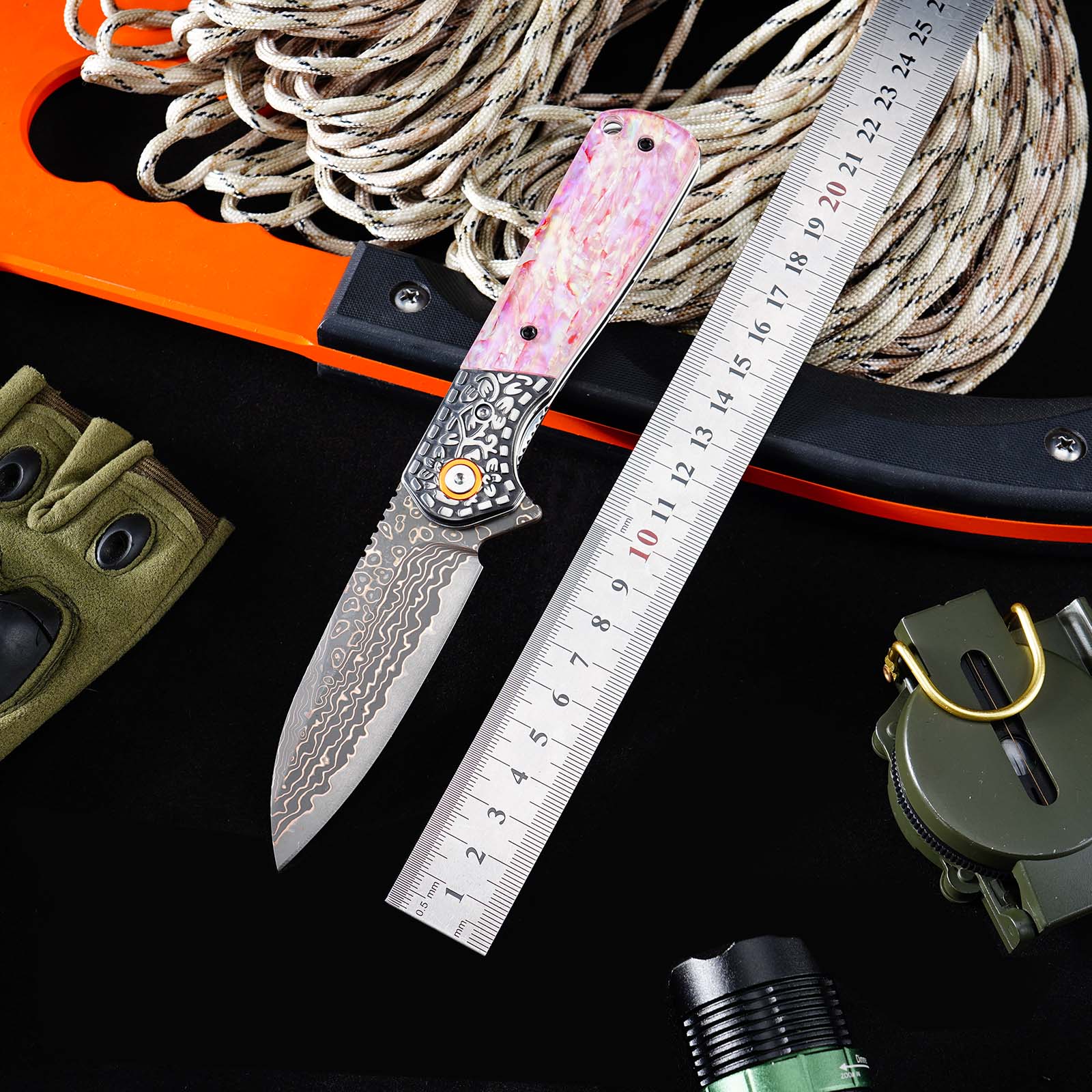Tunafire Knife GT-DM049 Brass Damascus VG10 Core Pocket Knife Pastel Beads Handle Ball Bearing EDC Utility Knife Camping Knife Gift