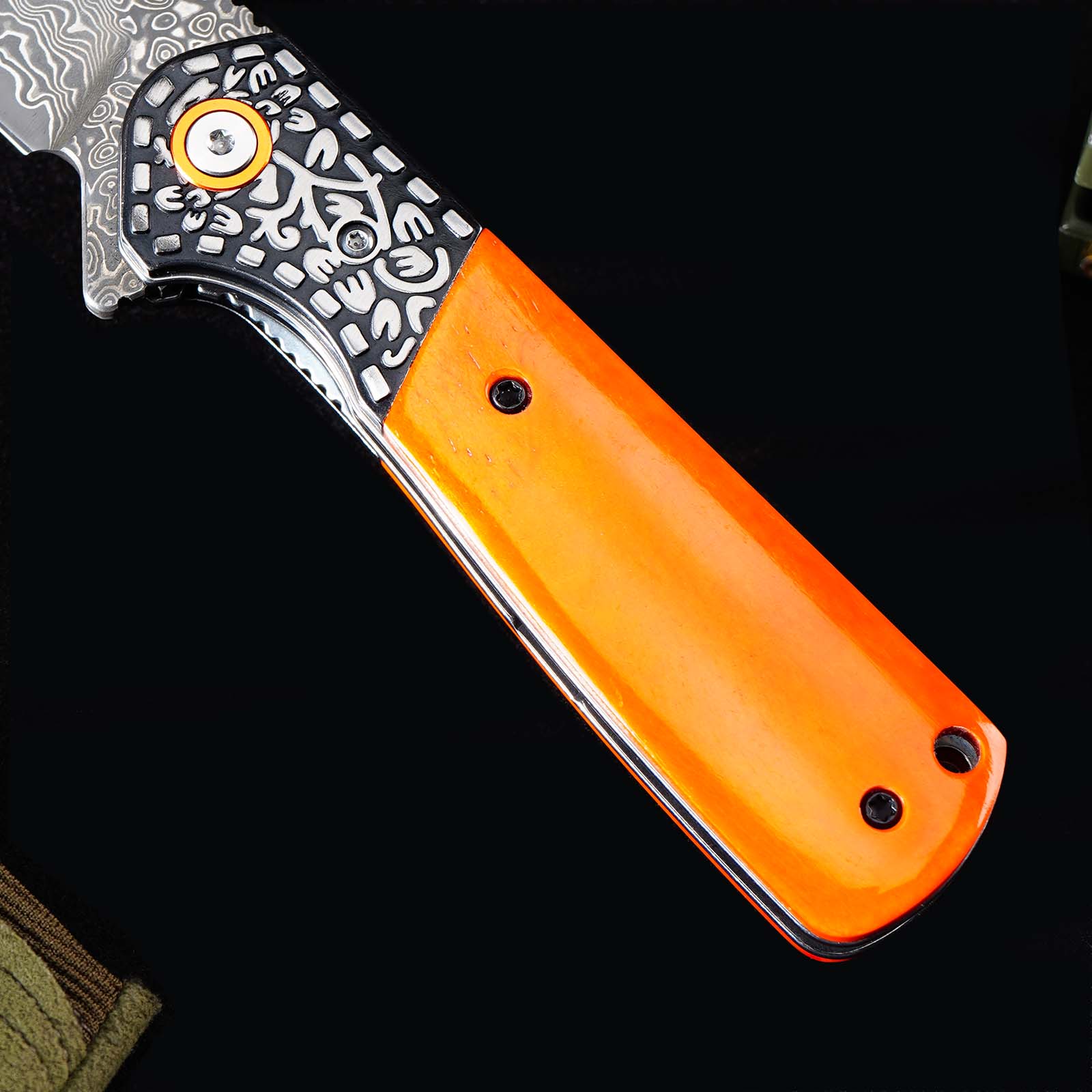 Tunafire Knives Flipper Folding Knife 3.31" Damascus Blade Orange Bone Handle Camping Hiking Pocket Knife GT-DM050