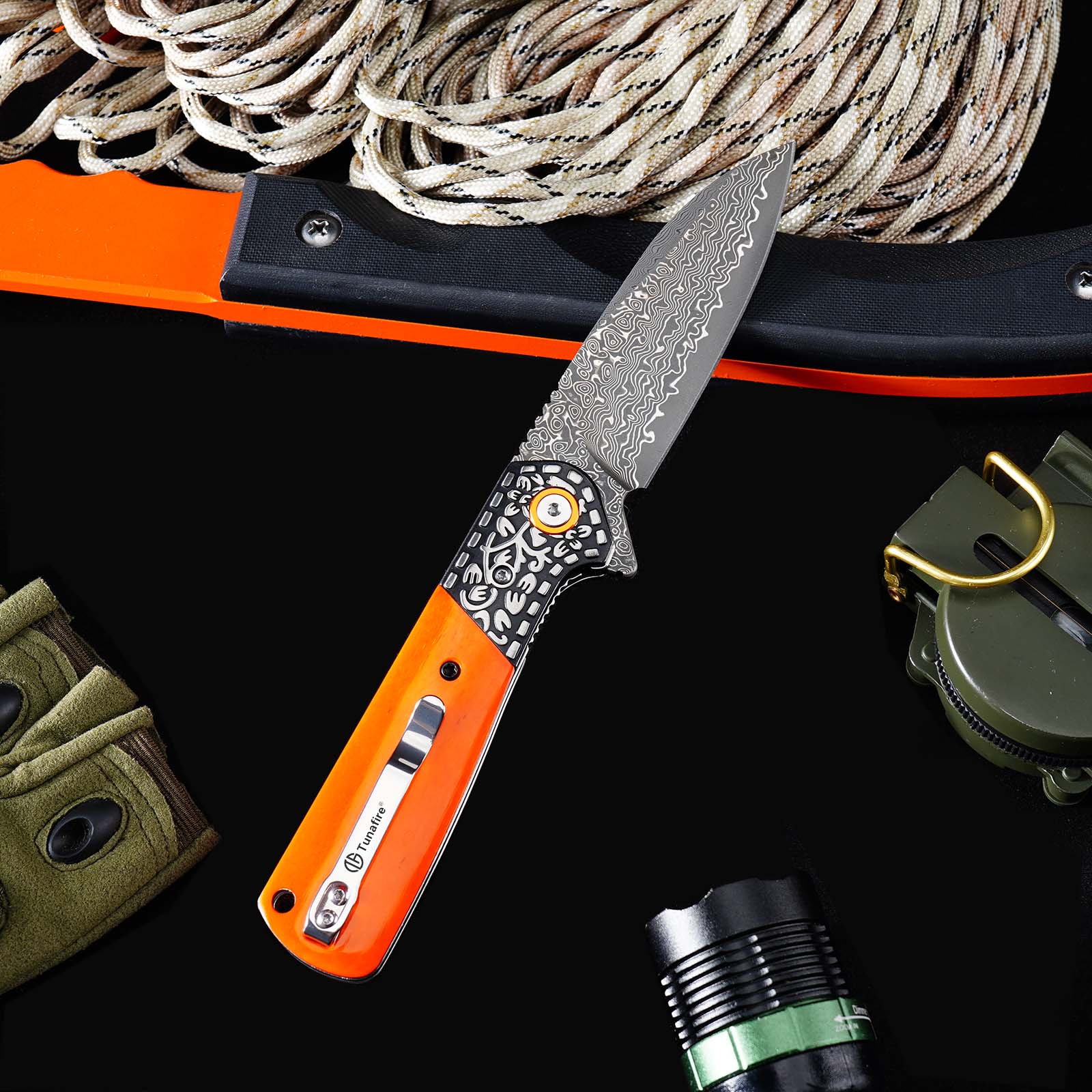Tunafire Knives Flipper Folding Knife 3.31" Damascus Blade Orange Bone Handle Camping Hiking Pocket Knife GT-DM050