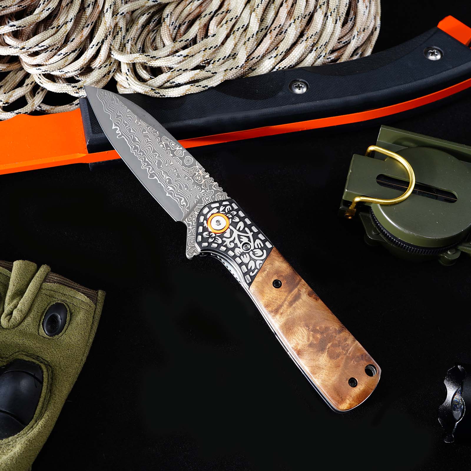Tunafire GT-DM050 EDC Pocket Folding Knife Ebony Wood Handle 3.31"Damascus Steel Blade Outdoor Survival Tool