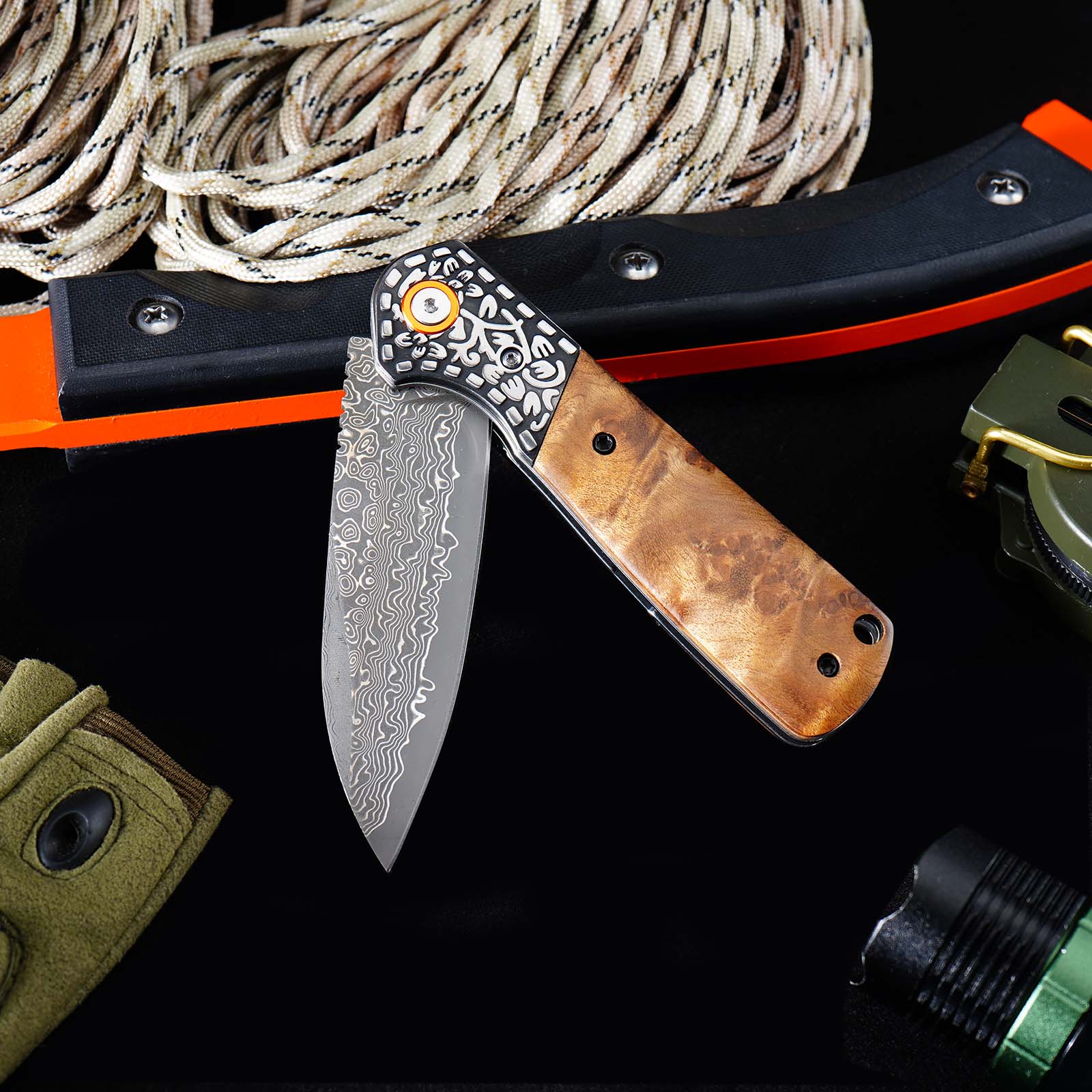Tunafire GT-DM050 EDC Pocket Folding Knife Ebony Wood Handle 3.31"Damascus Steel Blade Outdoor Survival Tool