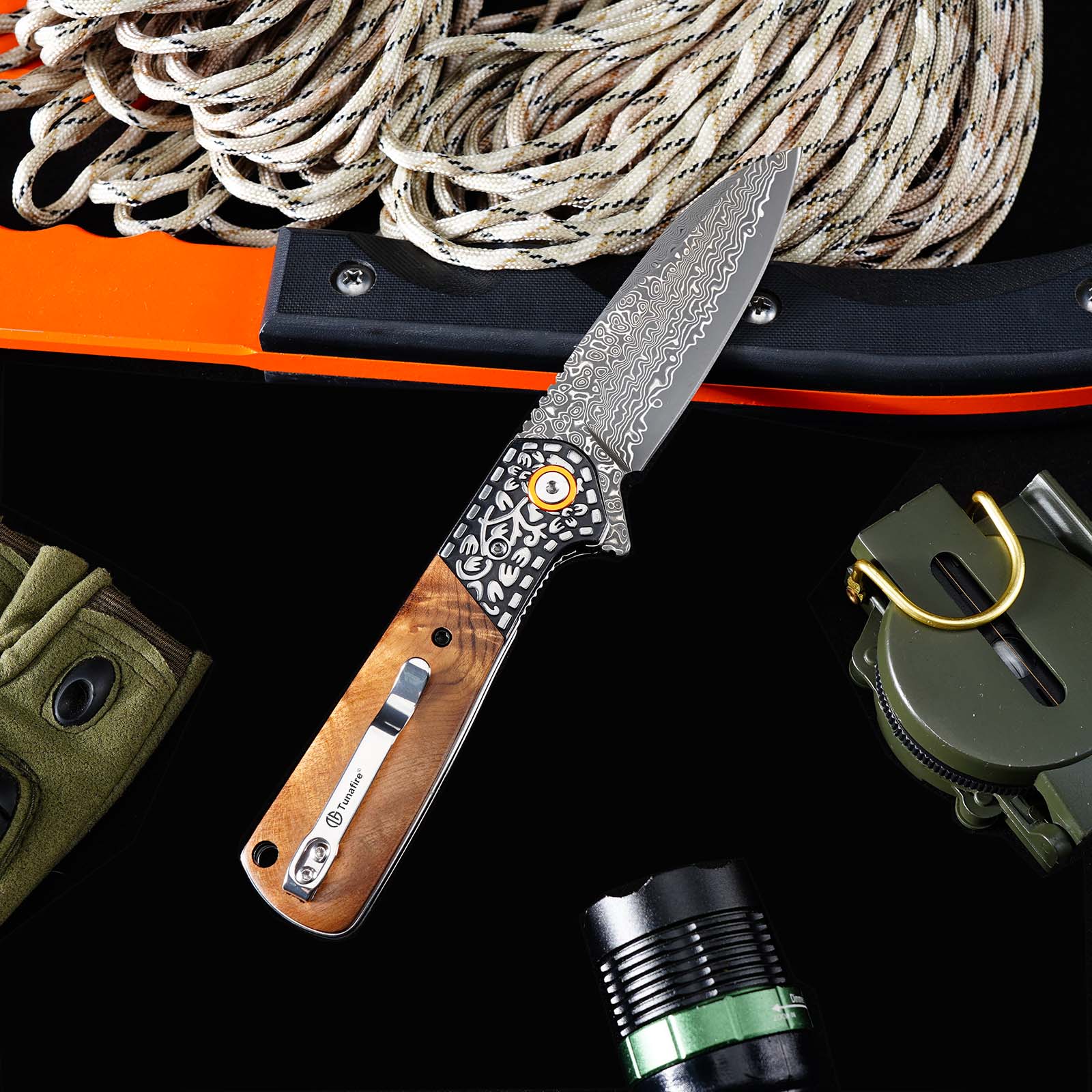 Tunafire GT-DM050 EDC Pocket Folding Knife Ebony Wood Handle 3.31"Damascus Steel Blade Outdoor Survival Tool