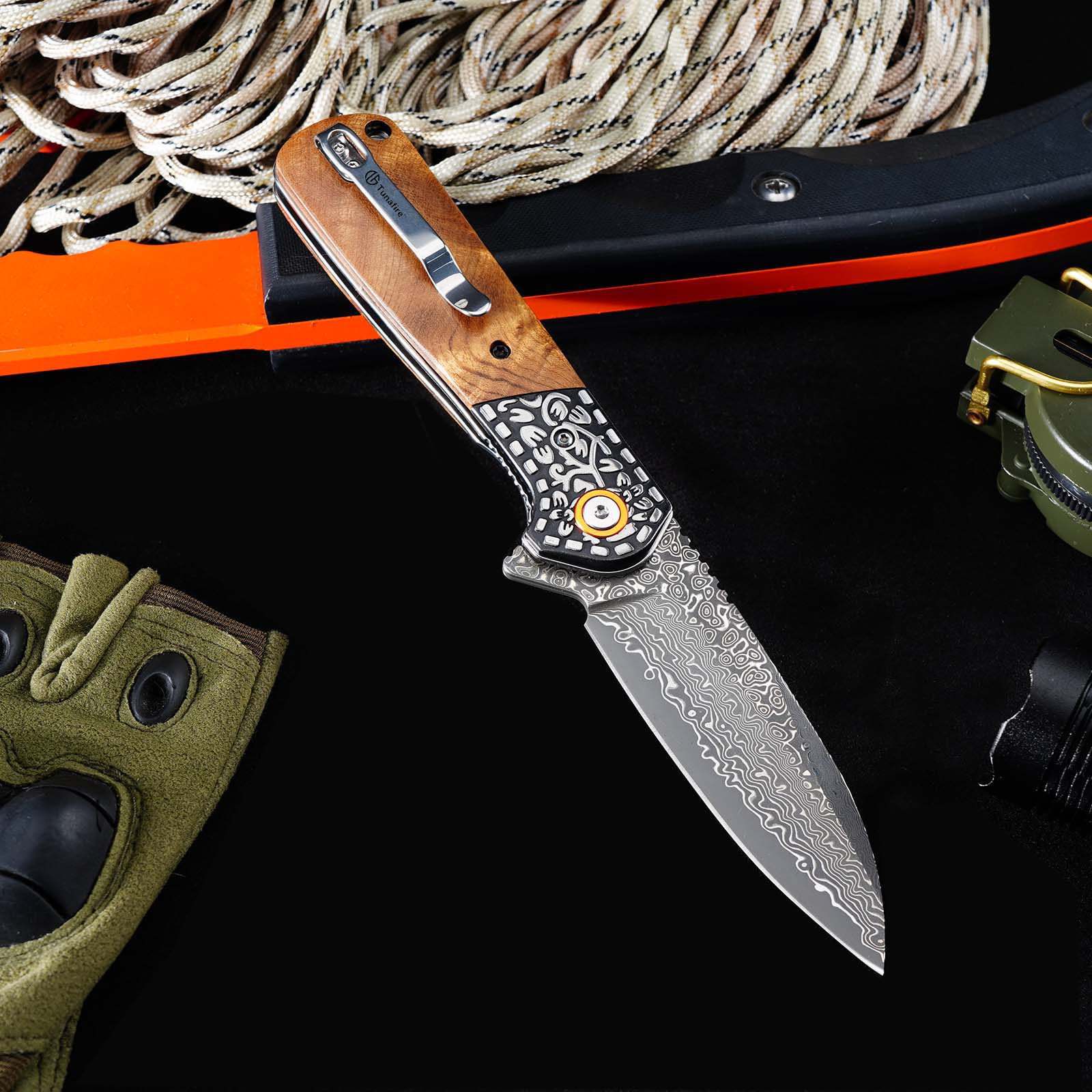 Tunafire GT-DM050 EDC Pocket Folding Knife Ebony Wood Handle 3.31"Damascus Steel Blade Outdoor Survival Tool